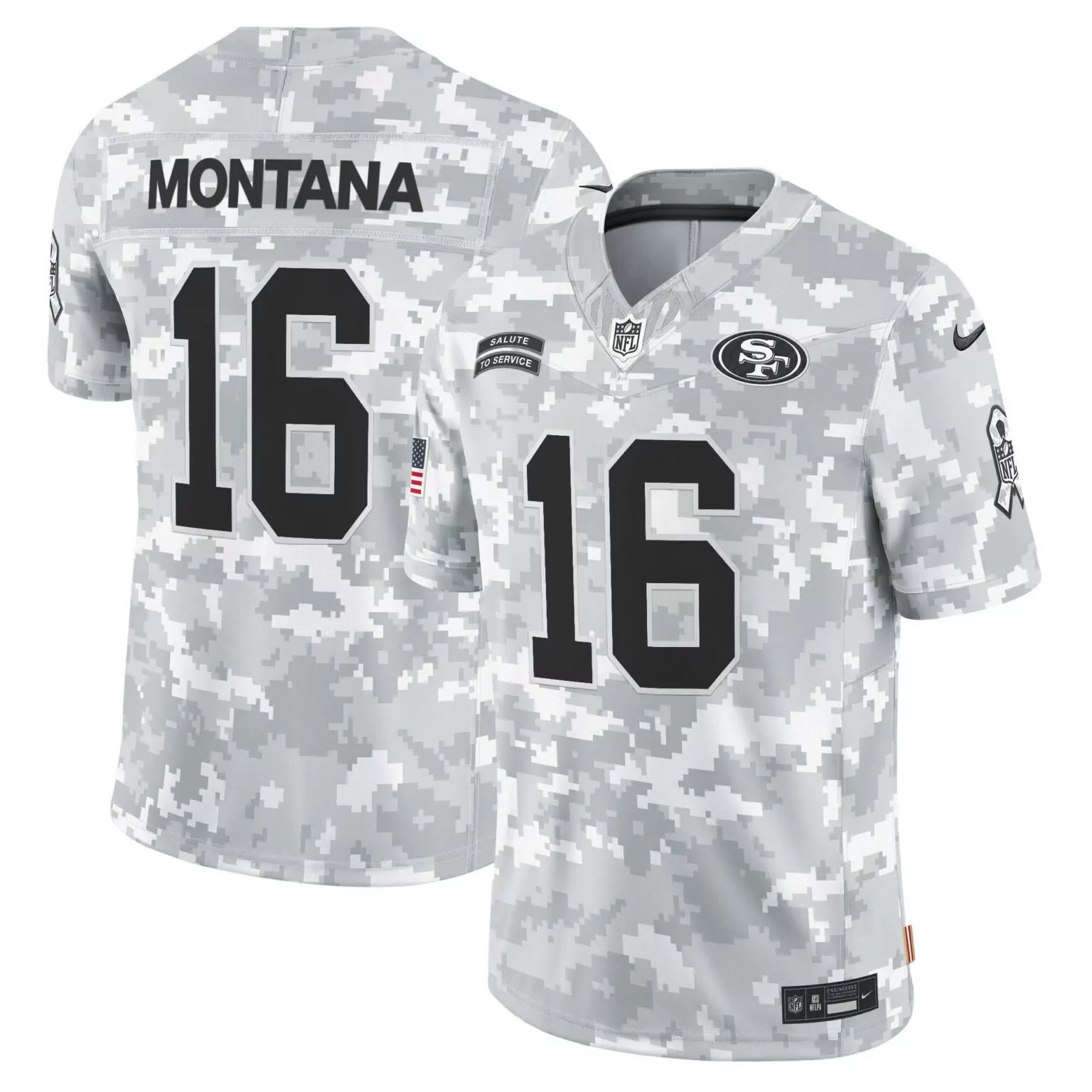 Joe Montana 16 49ers Jersey White Salute To Service Men Digital Camouflage Alternate