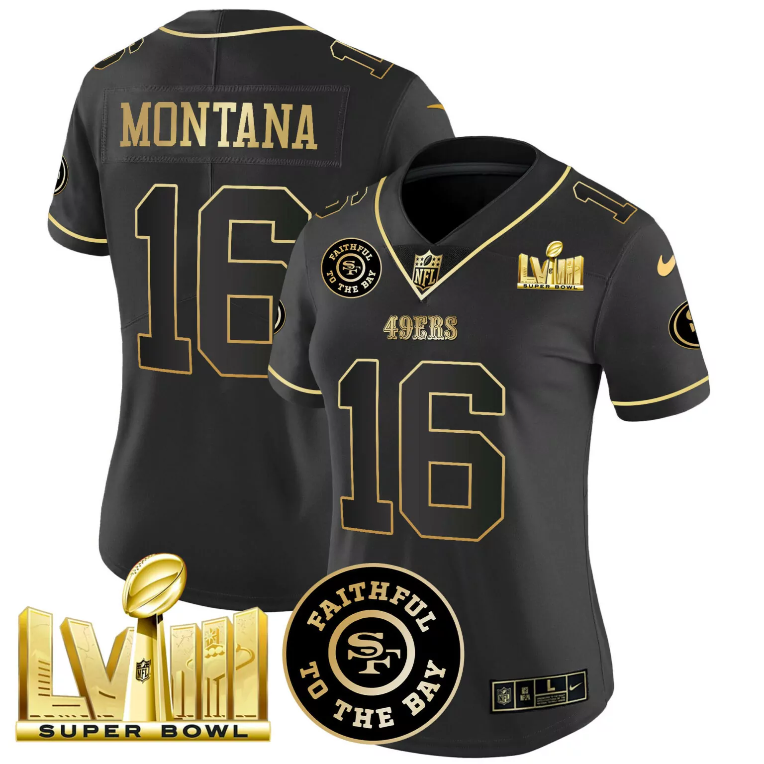 Joe Montana 16 49ERS Jersey Black Super Bowl Lviii Faithful To Bay Men Gold v2 All