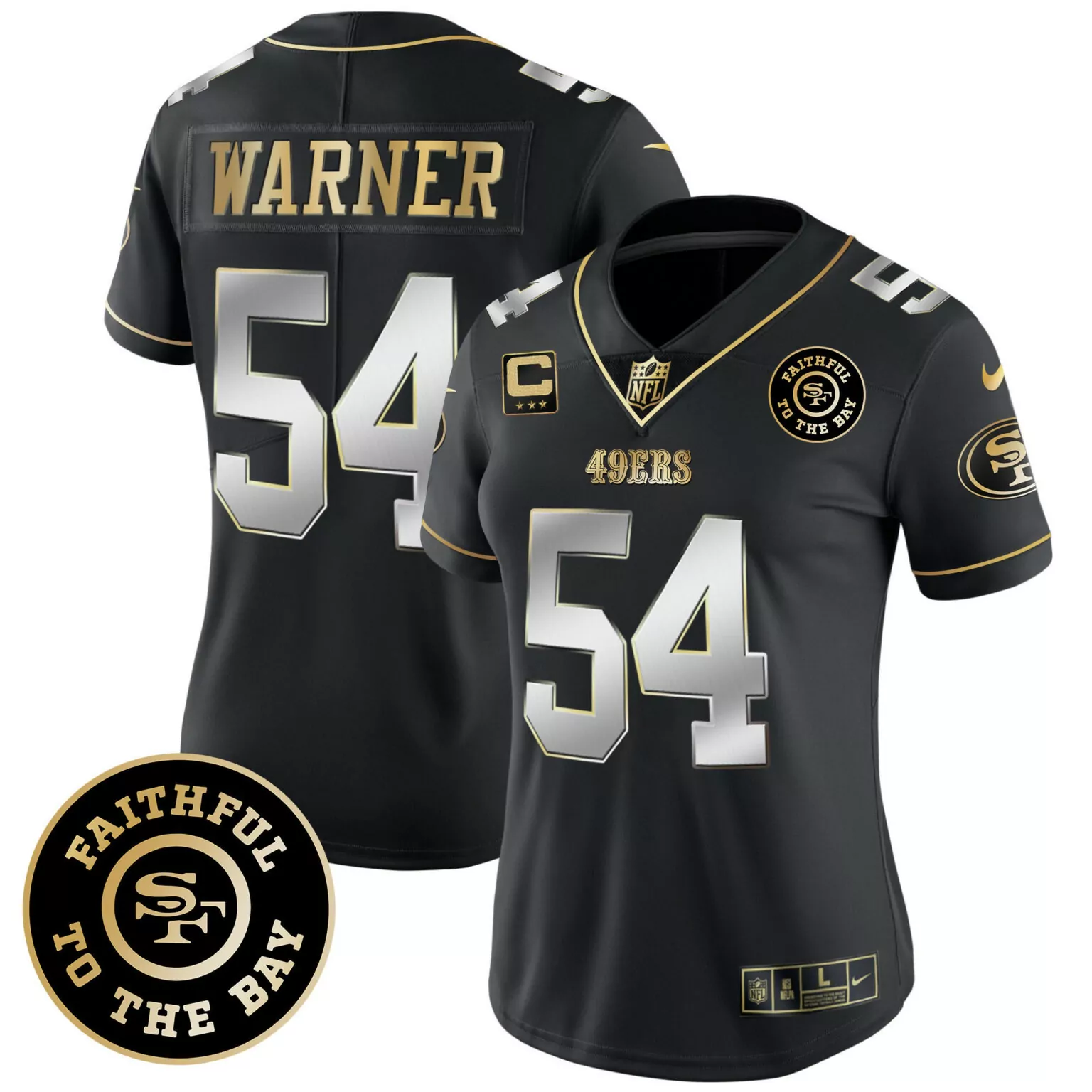 Fred Warner 54 49ERS Jersey Black Faithful To The Bay Gold Silver All Stitched