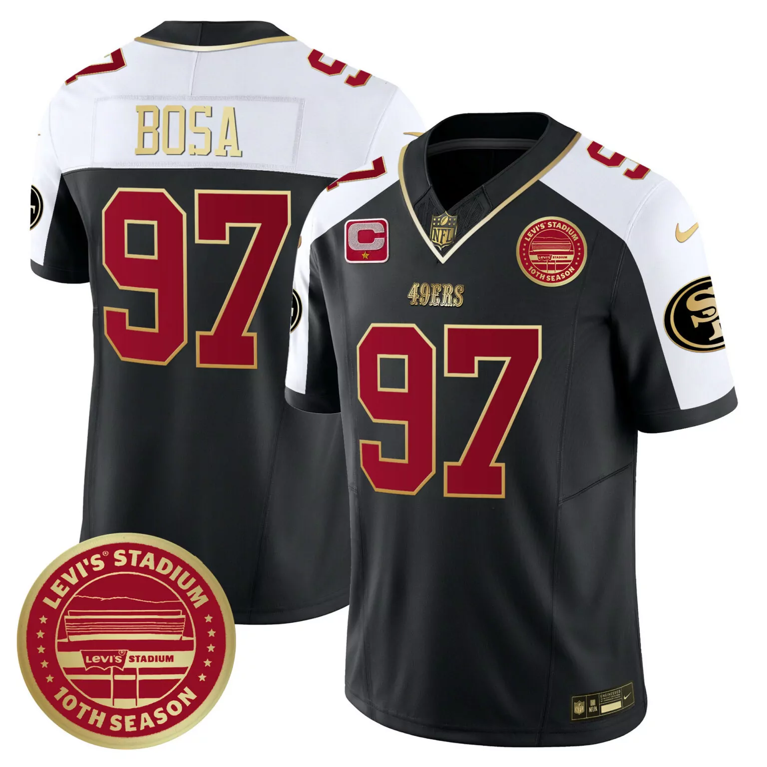 Nick Bosa 97 49ERS Jersey Black 10th Season Levi's Stadium Men Player White Red Gold