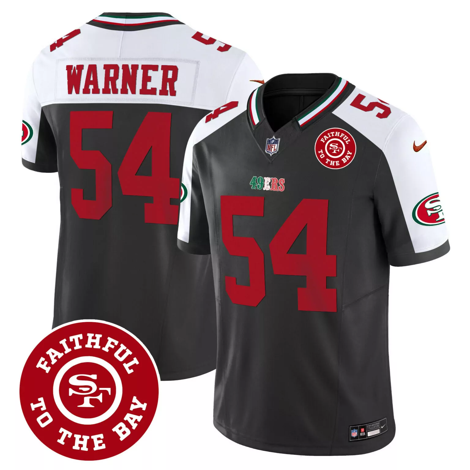 Fred Warner 54 49ERS Jersey Black Faithful To The Bay 2023 Replica Alternate Split Design