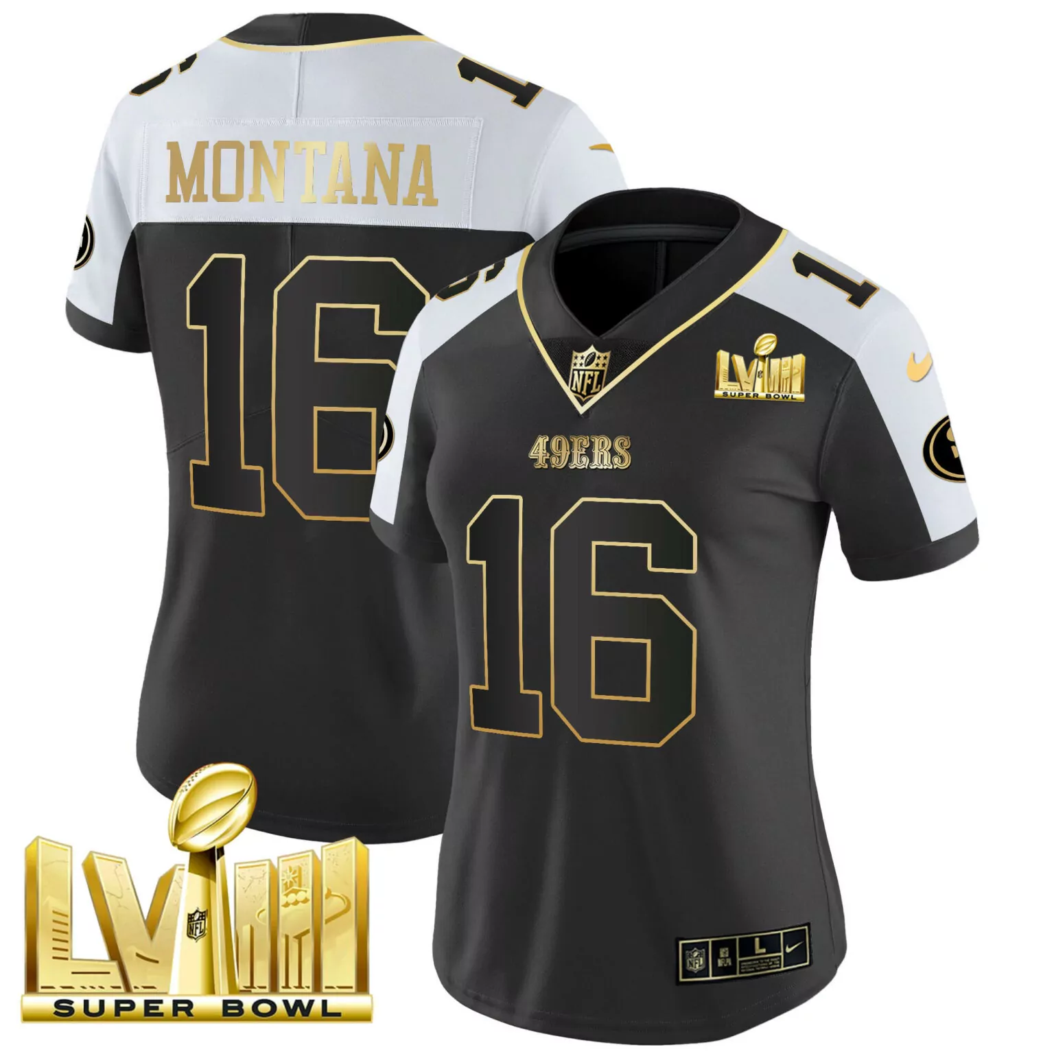 Joe Montana 16 49ERS Jersey Black Super Bowl Lviii Men Split Design White Gold Alternate