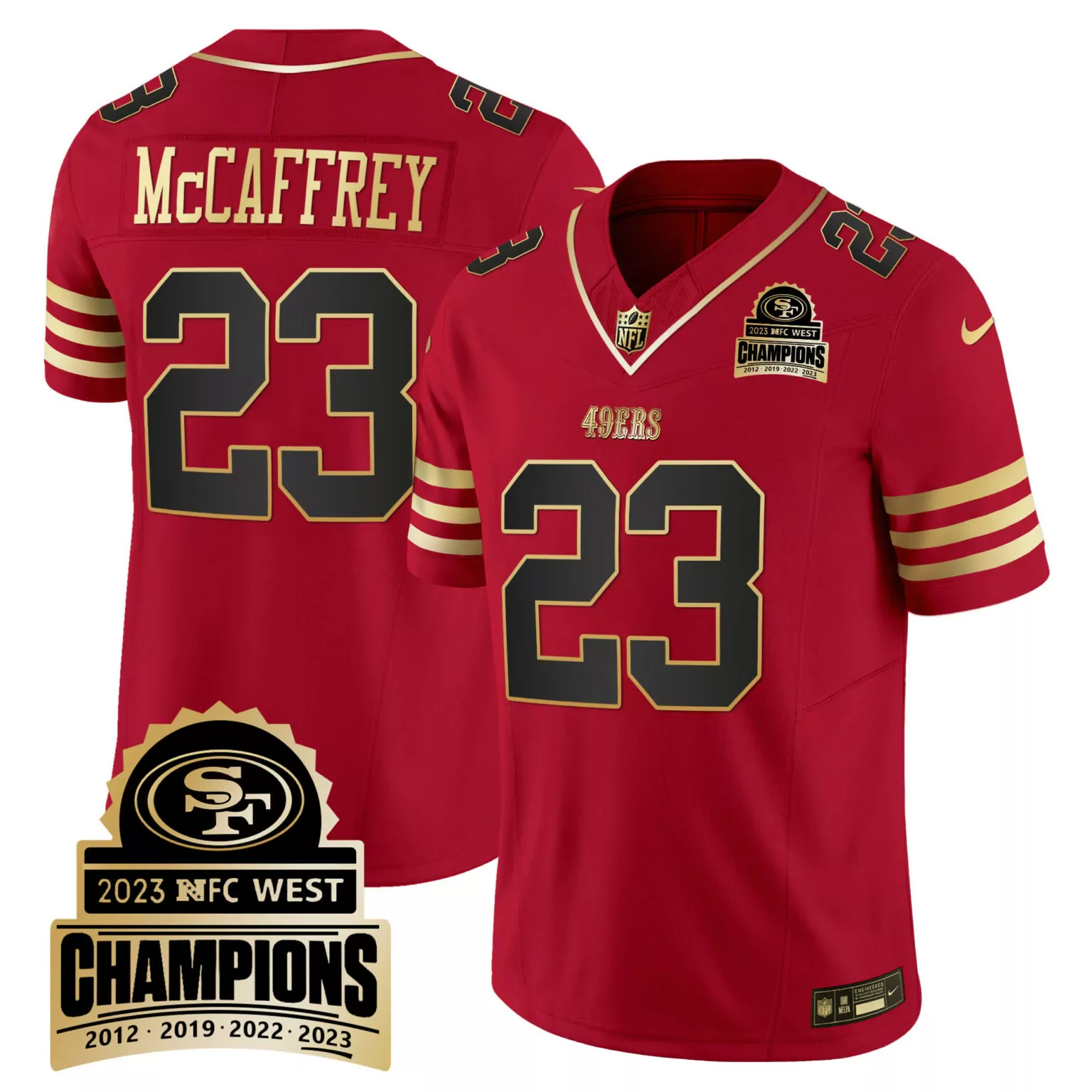 Christian Mccaffrey 23 49ERS Jersey Red Men Gold Black v4 All Stitched