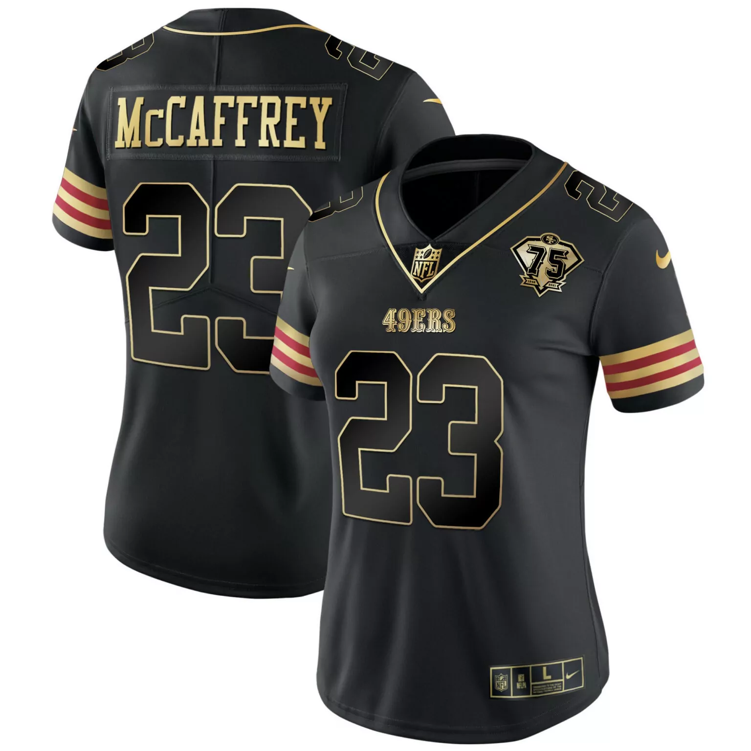Christian Mccaffrey 23 49ERS Jersey Black 75th Anniversary Men Standard Gold Red