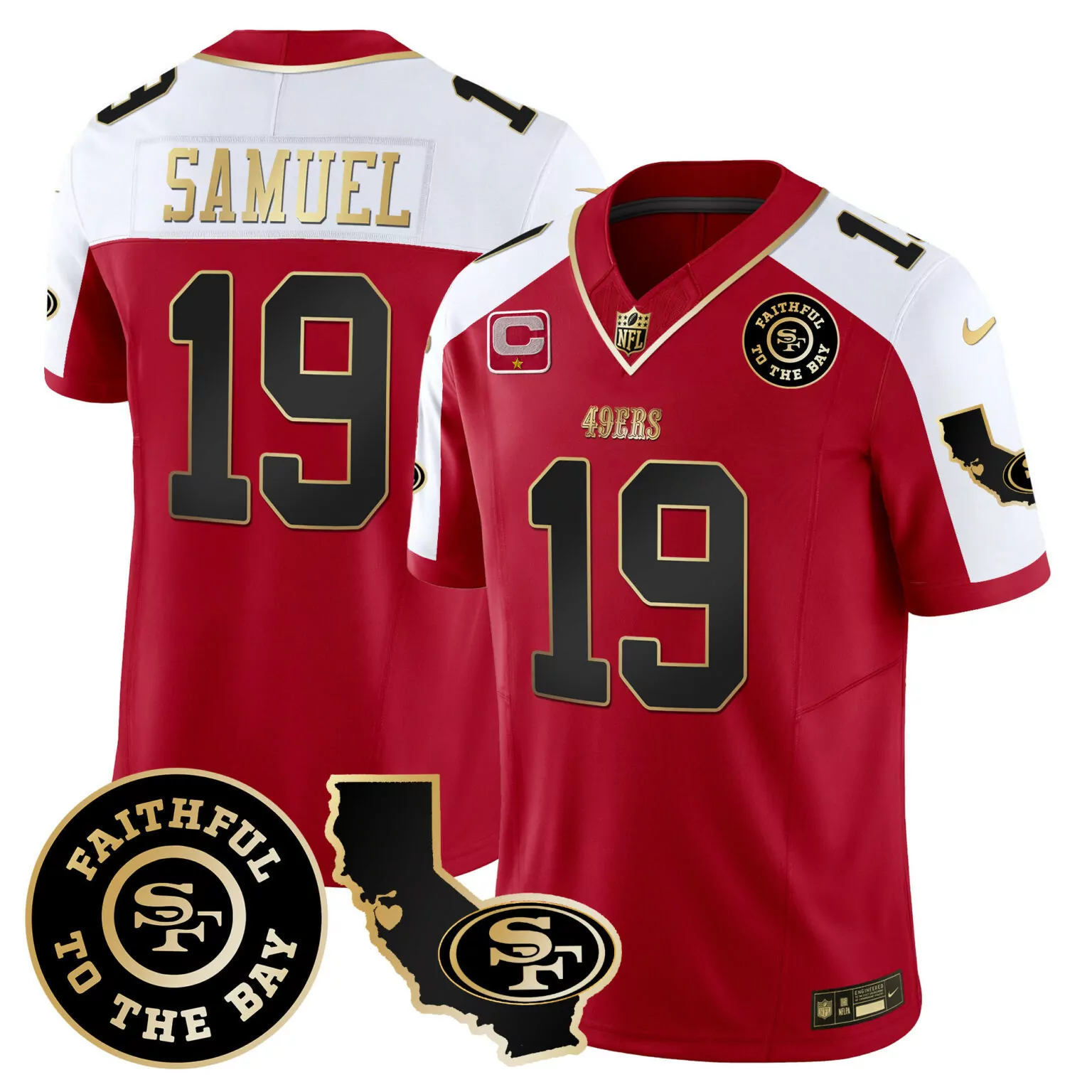 Deebo Samuel 19 49ERS Jersey Red Faithful To The Bay California Men White Gold Black