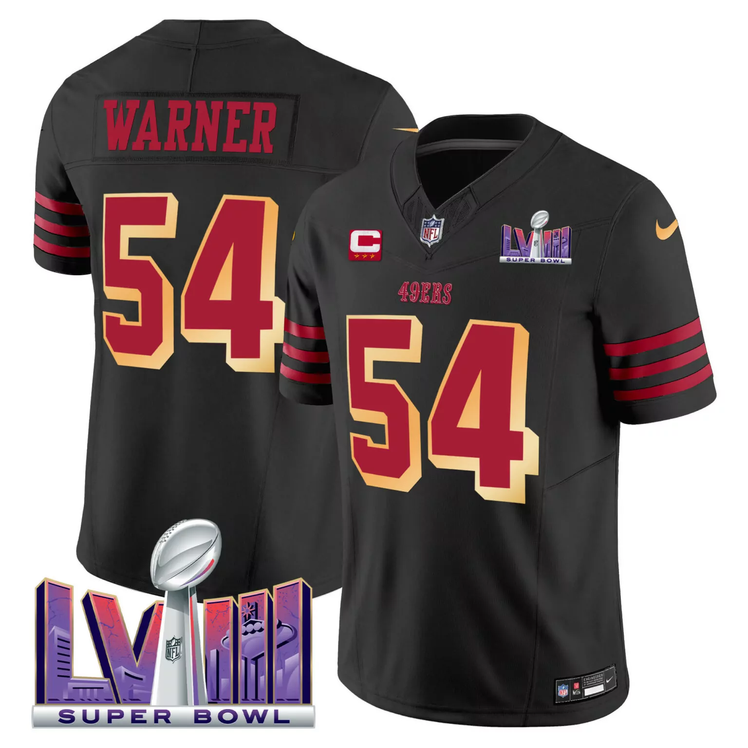 Fred Warner 54 49ERS Jersey Black Super Bowl Lviii Men Replica Red Gold v2 All Stitched