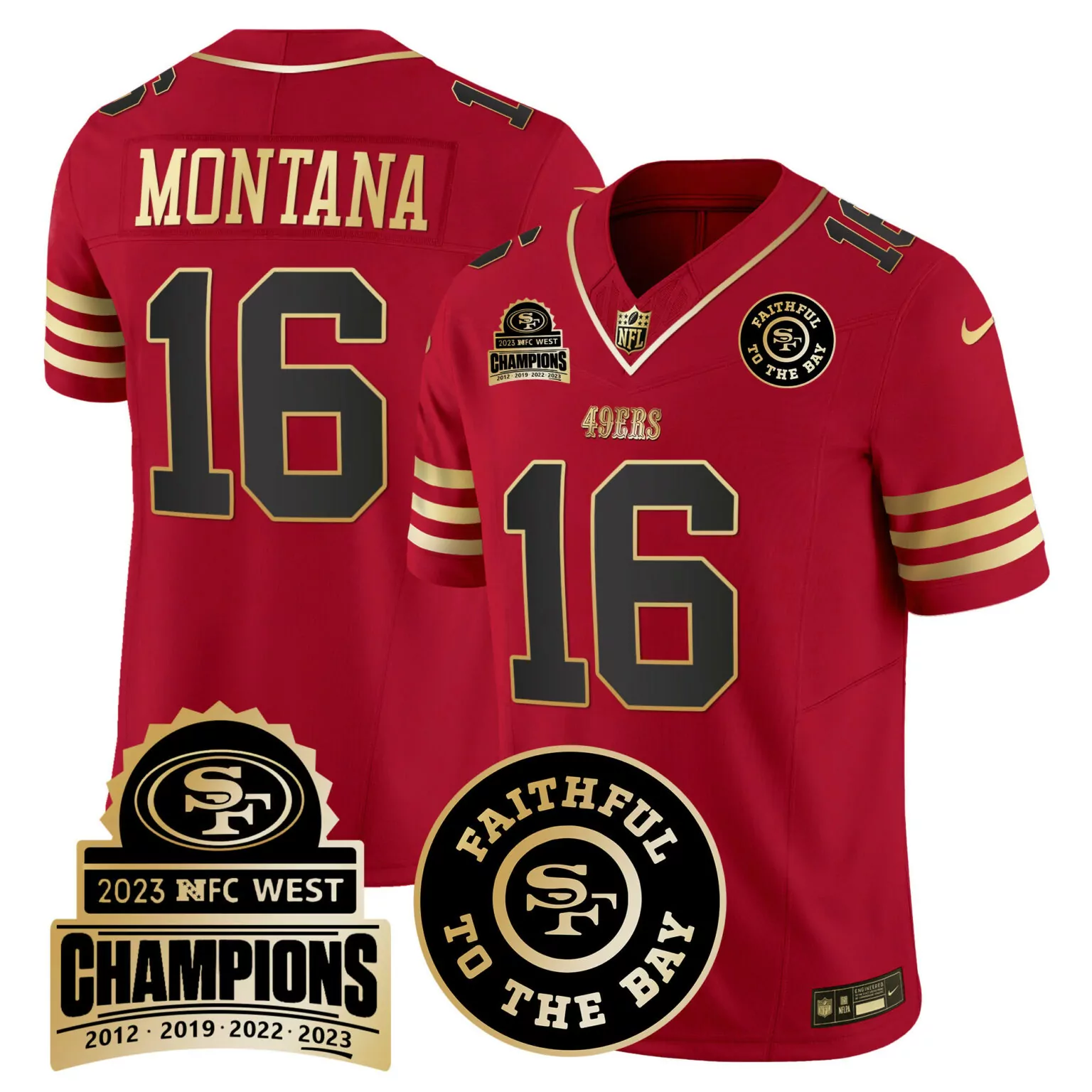 Joe Montana 16 49ERS Jersey Red Faithful To Bay Men Replica Gold v3 All Stitched