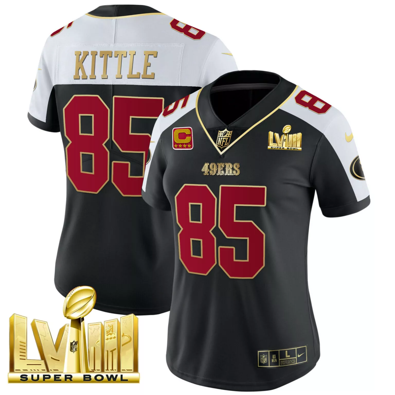 George Kittle 85 49ERS Jersey Black Super Bowl Lvii Men Alternate Split Design White