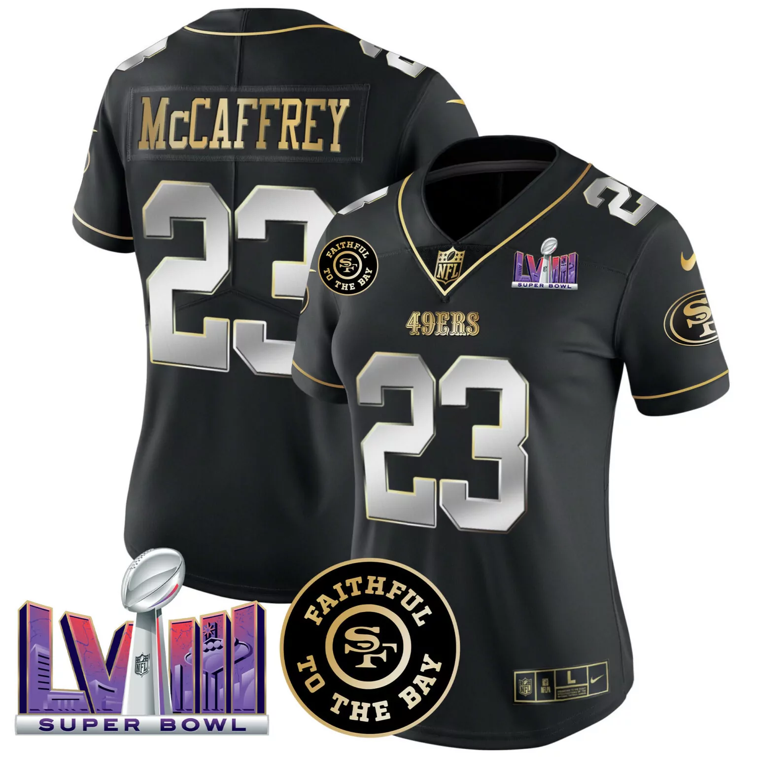 Christian Mccaffrey 23 49ERS Jersey Black Super Bowl Lviii Men Game Gold Silver All