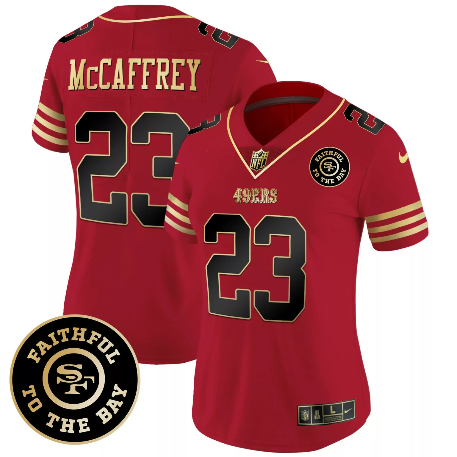 Christian Mccaffrey 23 49ERS Jersey Red Faithful To The Bay Men Standard Gold Black