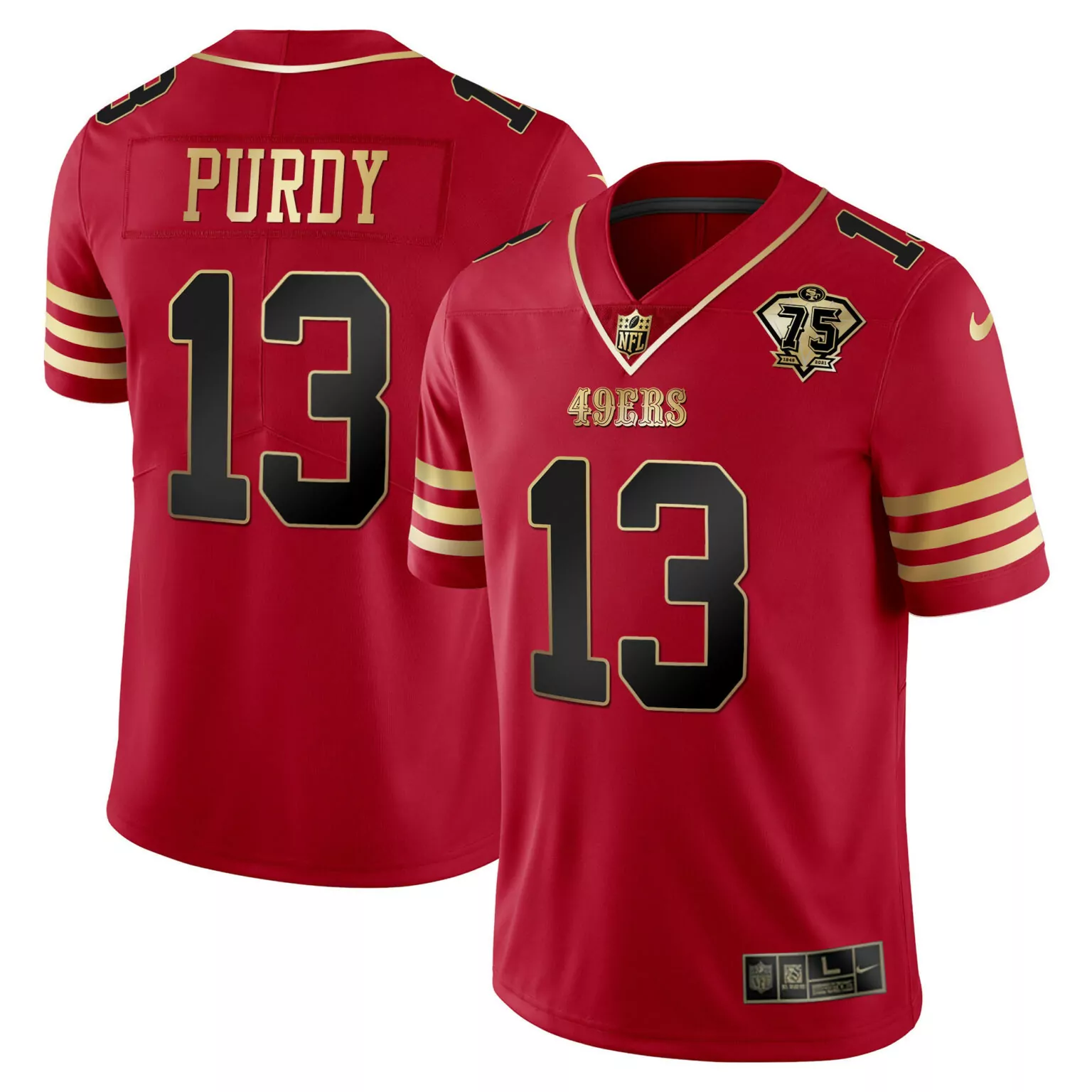 Brock Purdy 13 49ERS Jersey Red 75th Anniversary 1946-2021 Men Authentic Gold Black