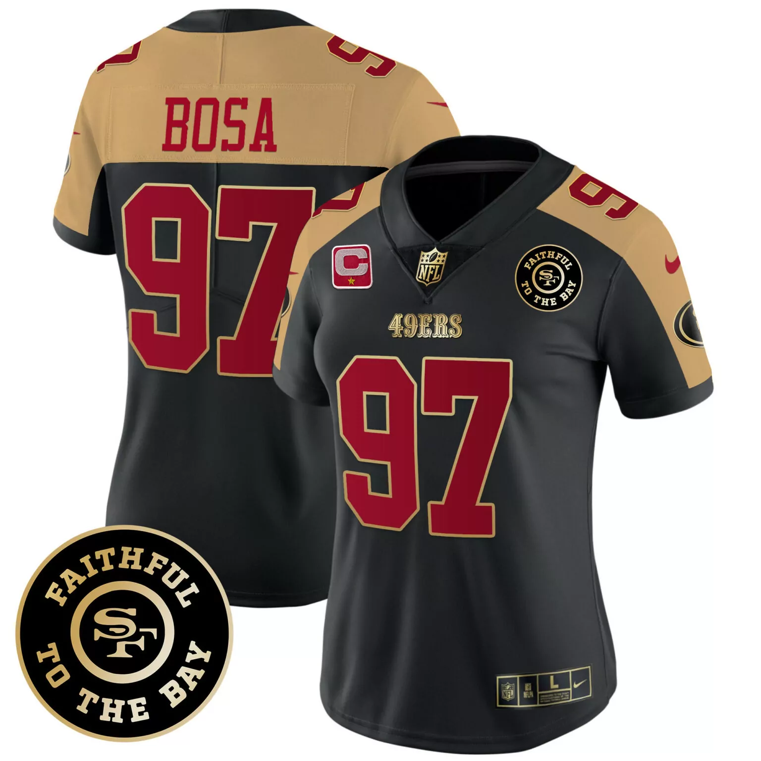 Nick Bosa 97 49ERS Jersey Black Faithful To The Bay Men Game Alternate Gold Red All