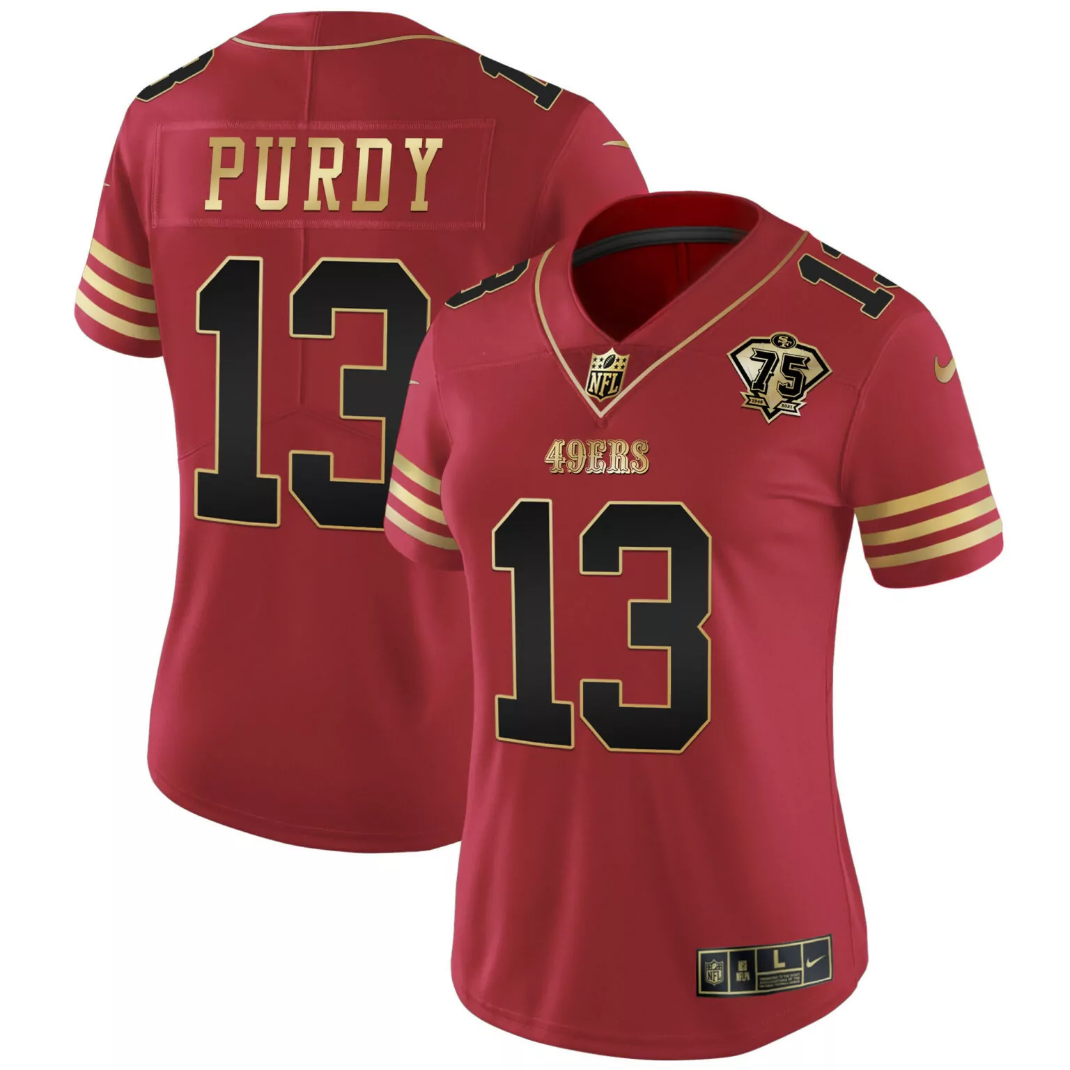 Brock Purdy 13 49ERS Jersey Red 75th Anniversary 2021 Women Player Gold Black Vapor