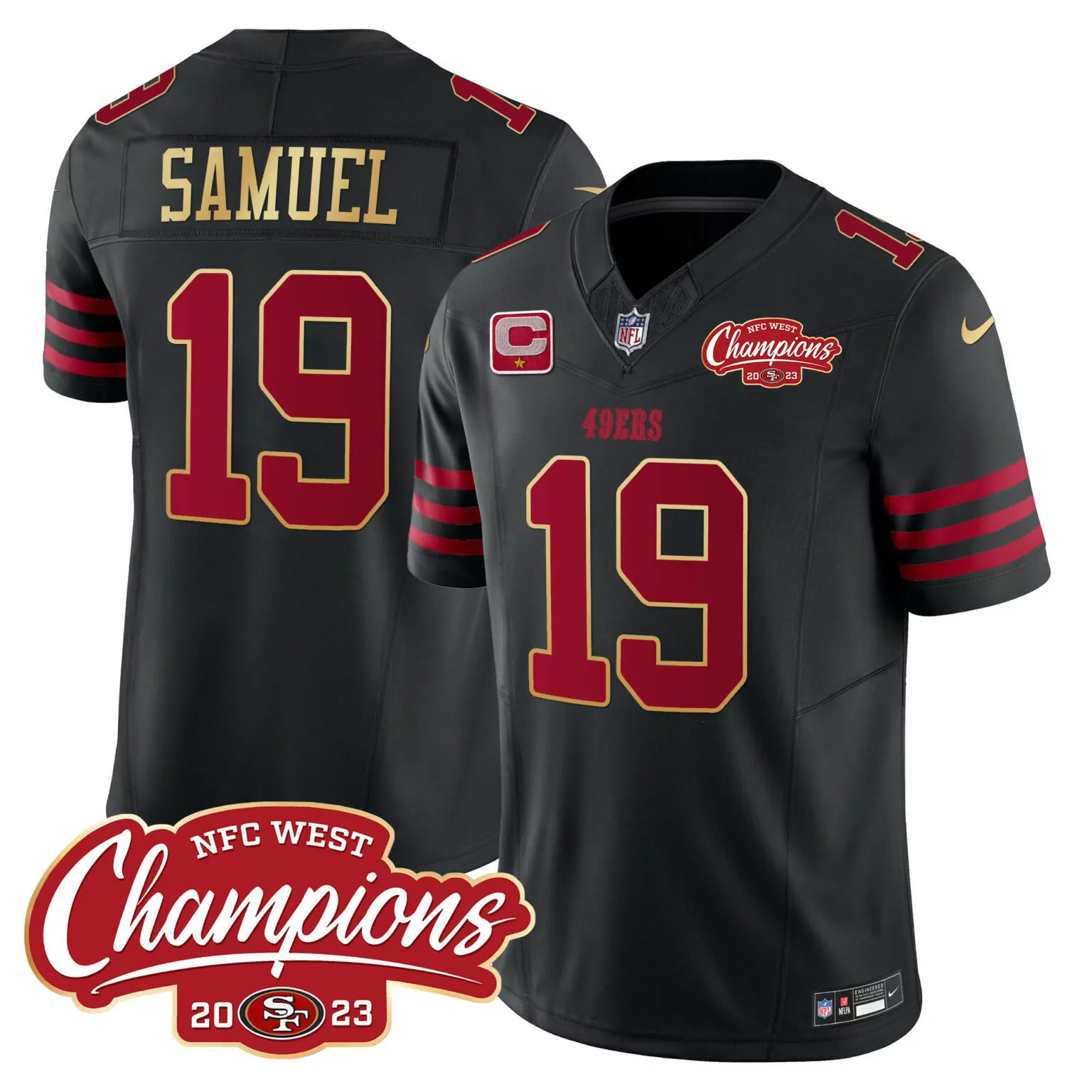 Deebo Samuel 19 49ERS Jersey Black NFC West Champions 2023 Men Regular Red Gold All