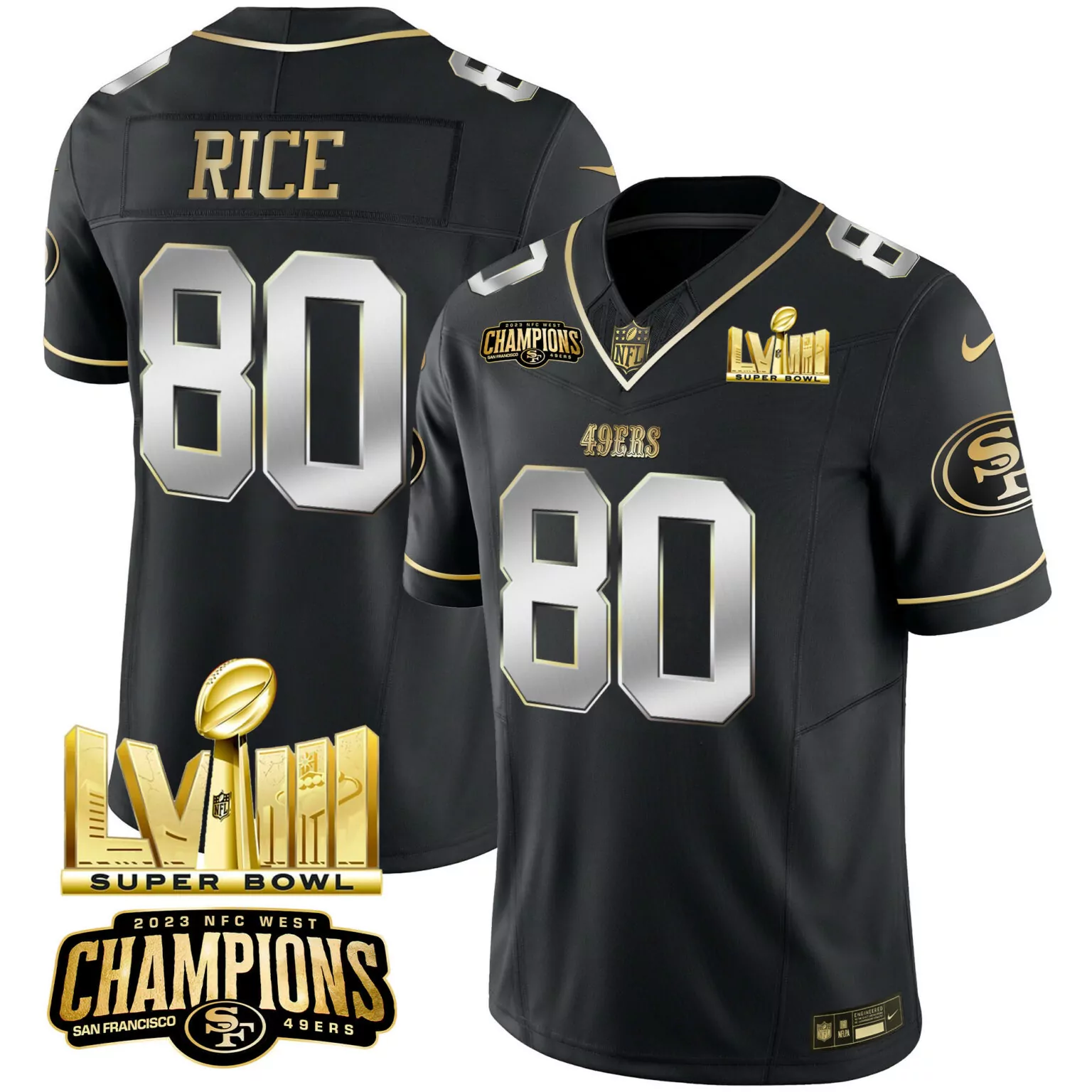 Jerry Rice 80 49ERS Jersey Black Super Bowl Lviii 2023 NFC West Champions Men Gold