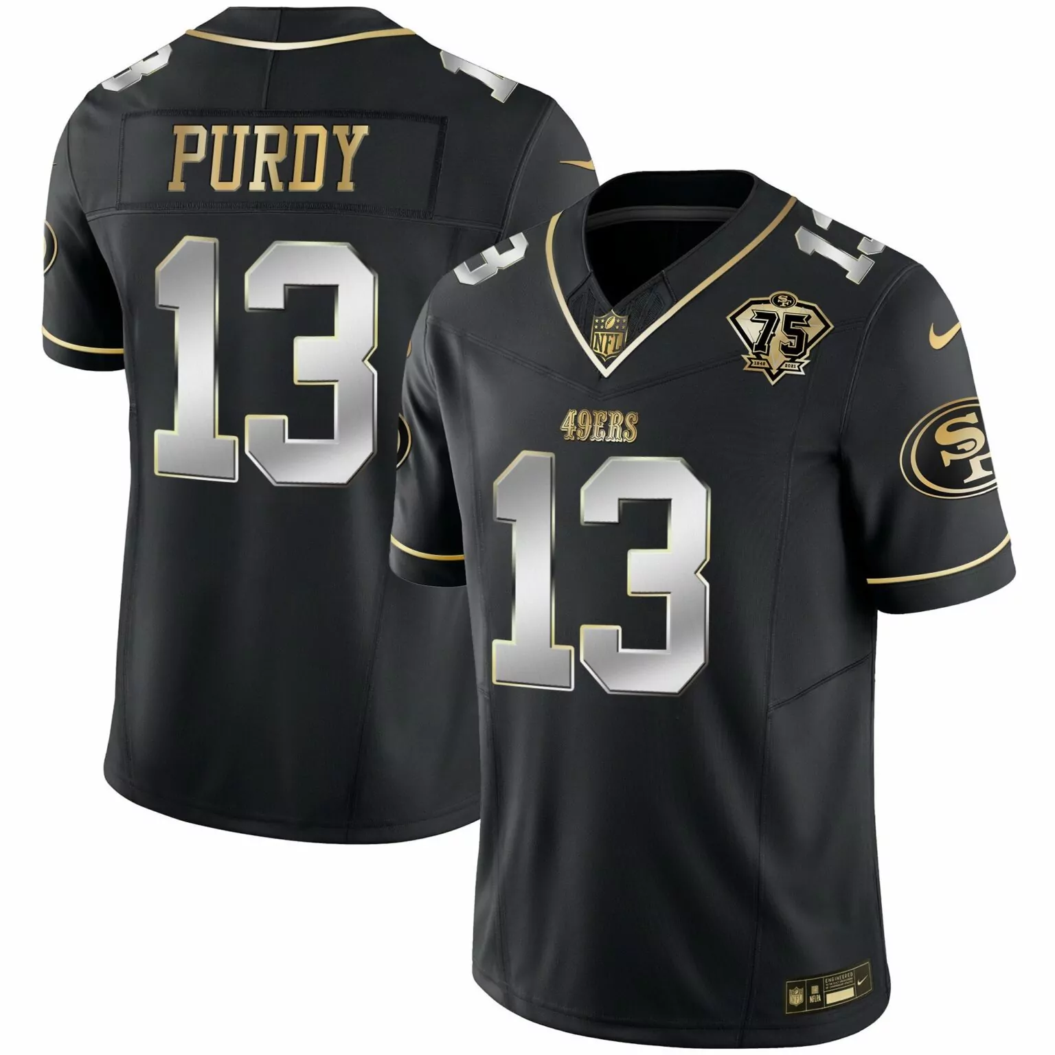 Brock Purdy 13 49ERS Jersey Black 75th Anniversary 1946-2021 Men Gold Silver Vapor