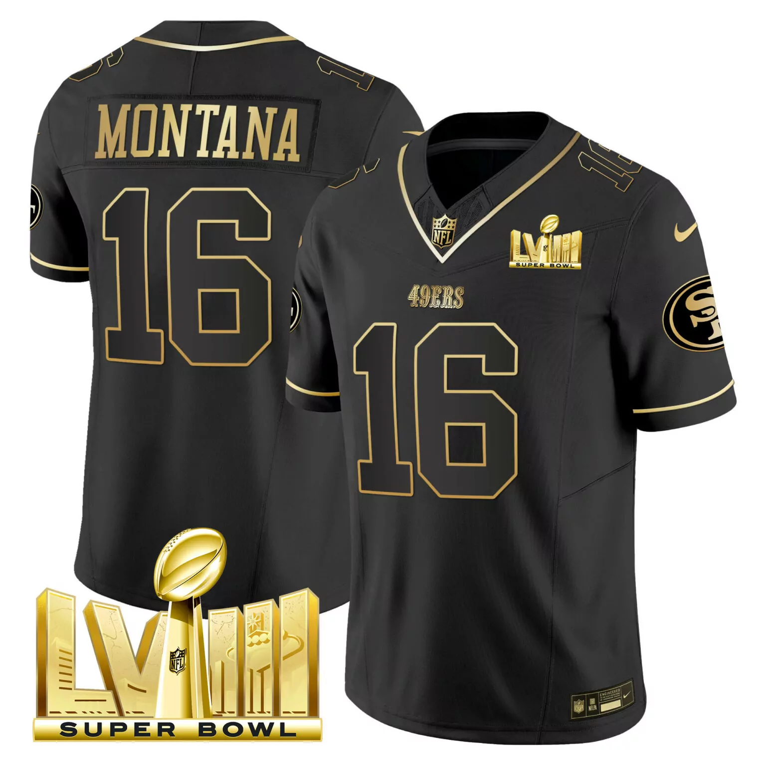 Joe Montana 16 49ERS Jersey Black Super Bowl Lviii Men Official Licensed NFL Gold