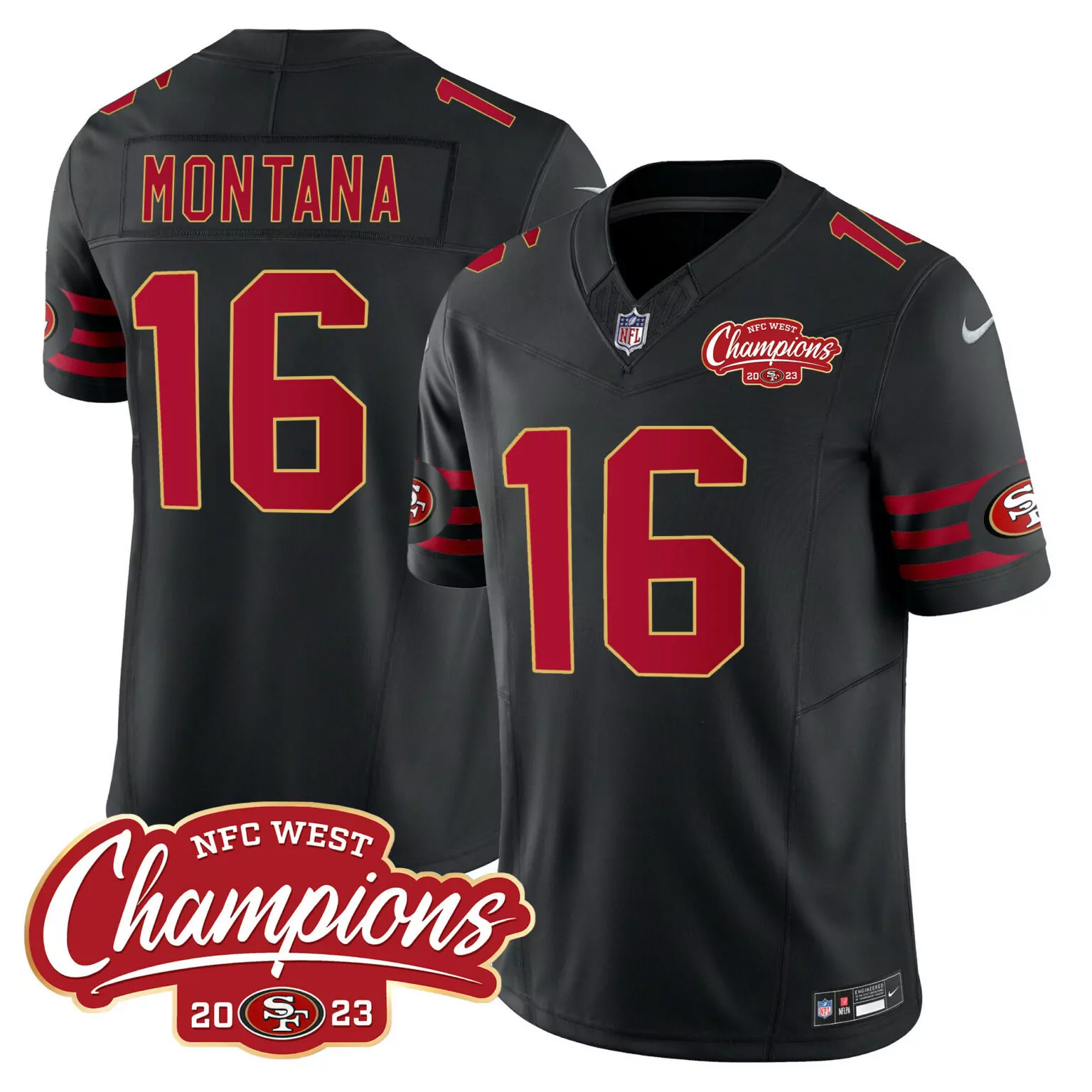 Joe Montana 16 Jersey Black NFC West Champions San Francisco 49ers 2023 Men Red Gold