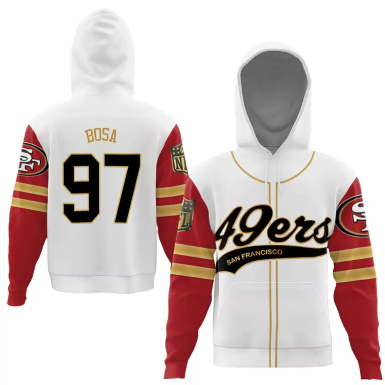 Nick Bosa 97 San Francisco 49ers Jersey White Men Hoodie Split Design Red Gold Cool