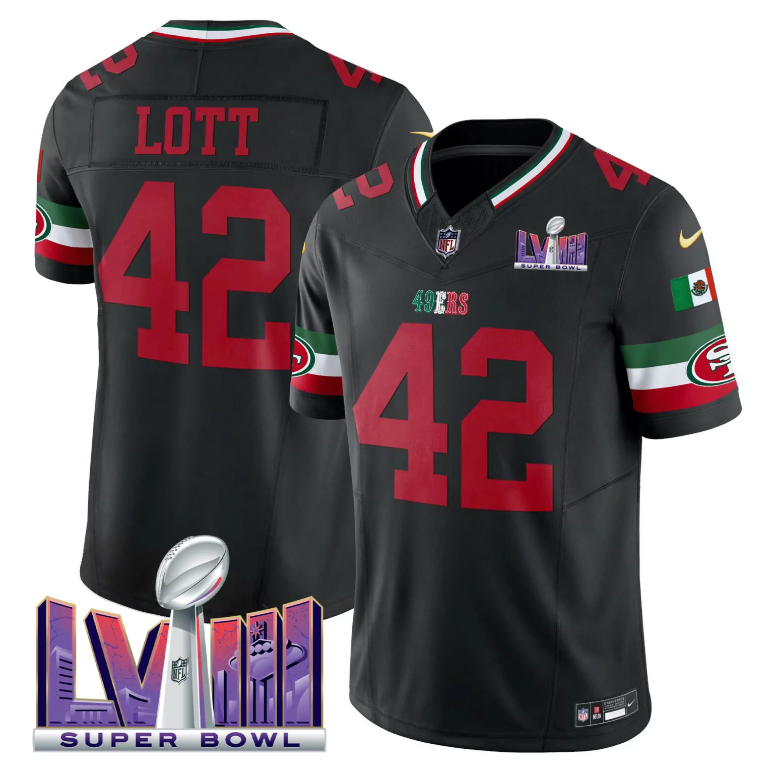 Ronnie Lott 42 49ERS Jersey Black Super Bowl Lviii Mexican Flag Men Full Red White