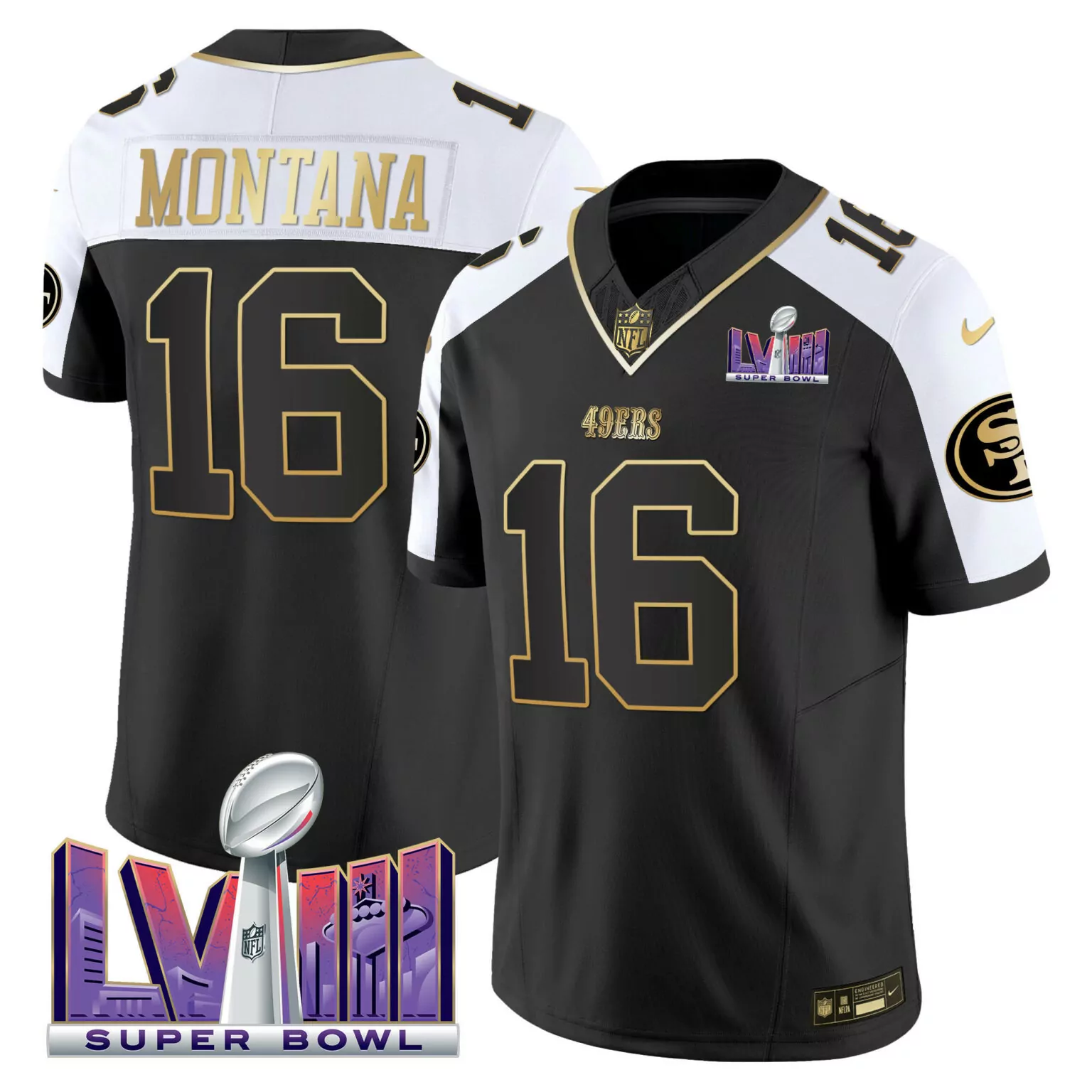 Joe Montana 16 49ERS Jersey Black Super Bowl Lviii 2023 Men Alternate White Gold