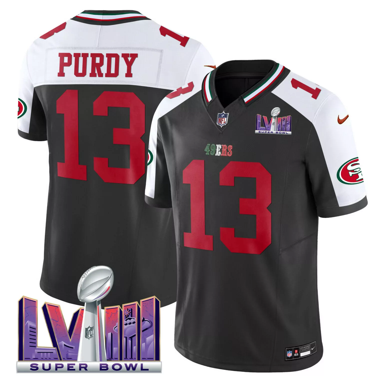 Brock Purdy 13 49ERS Jersey Black Super Bowl Lviii 2022 Men Game Alternate Split Design