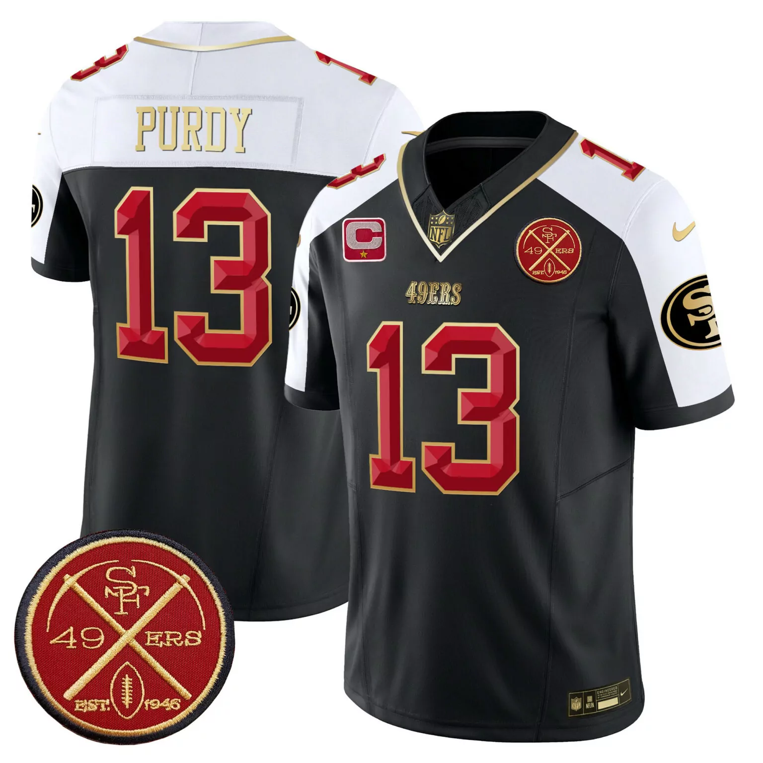 Brock Purdy 13 49ERS Jersey Black 1946 Men Alternate Split Design White Red Gold