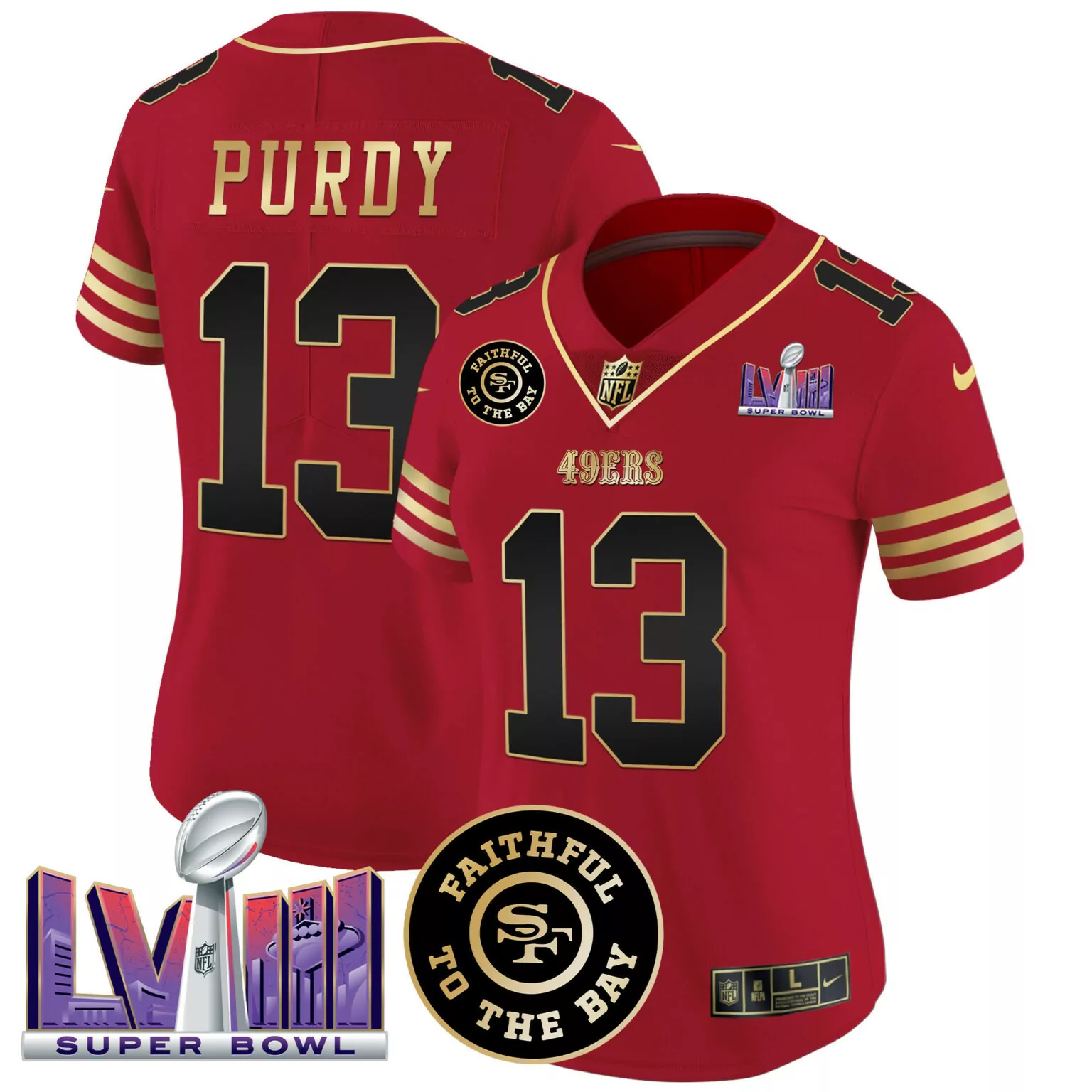 Brock Purdy 13 49ERS Jersey Red Super Bowl Lviii Faithful To Bay Men Player Gold