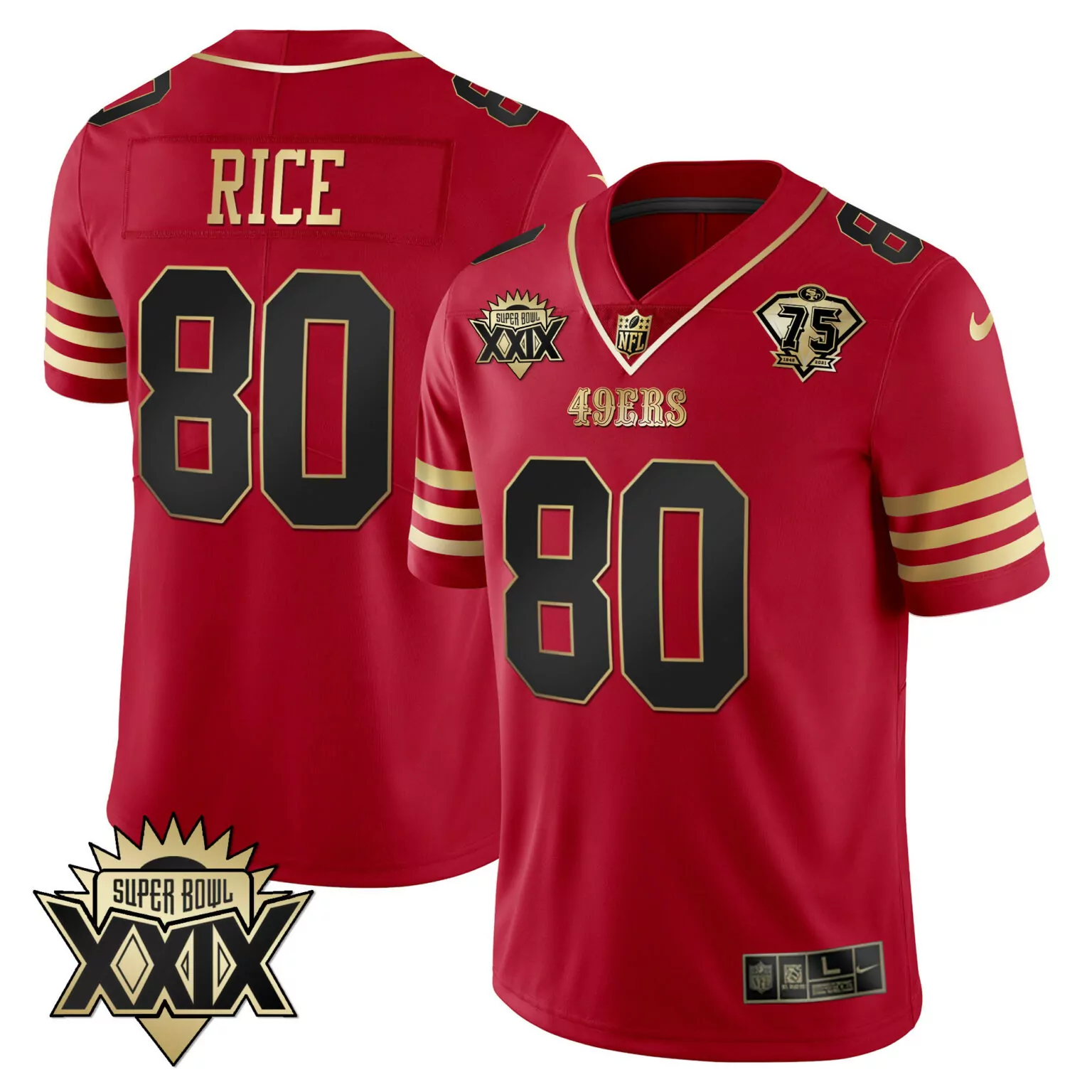 Jerry Rice 80 49ERS Jersey Red Super Bowl Xxix 75th Anniversary 2021 Men Gold Black