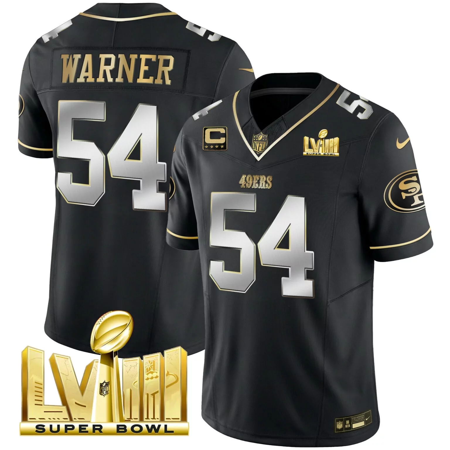 Fred Warner 54 49ERS Jersey Black Super Bowl Lviii Men Authentic Gold Silver All