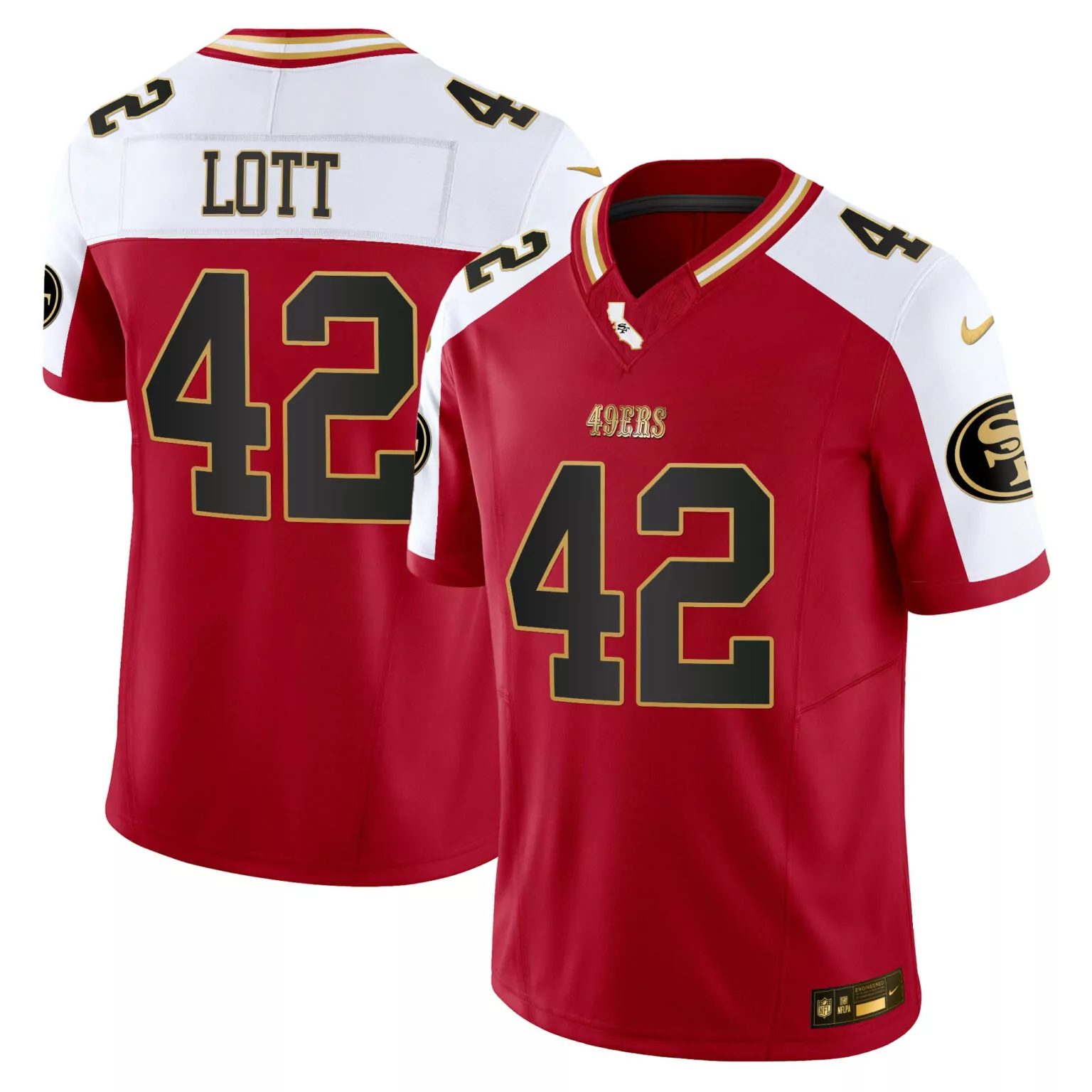 Ronnie Lott 42 49ERS Jersey Red Nflpa Men Alternate Split Design White Gold All Stitched