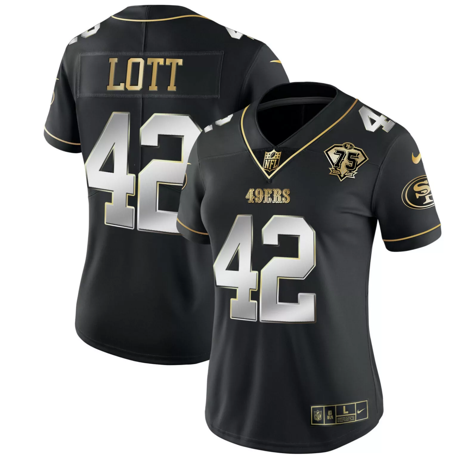 Ronnie Lott 42 49ERS Jersey Black 75th Anniversary 1946-2021 Men Gold Silver Vapor