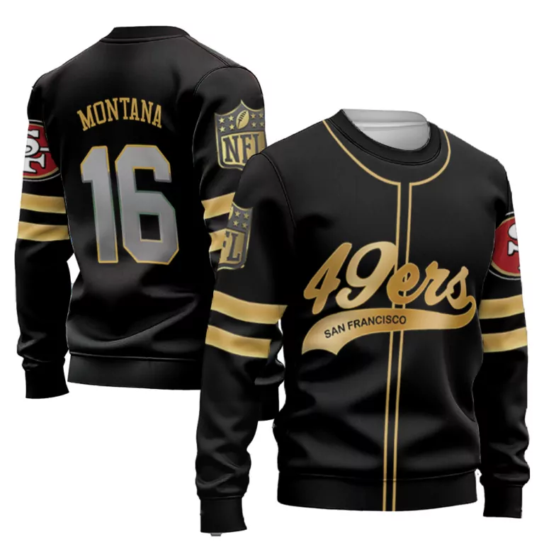 Joe Montana 16 Jersey Black San Francisco 49ers Men Sweatshirt Gold Silver Cool Base