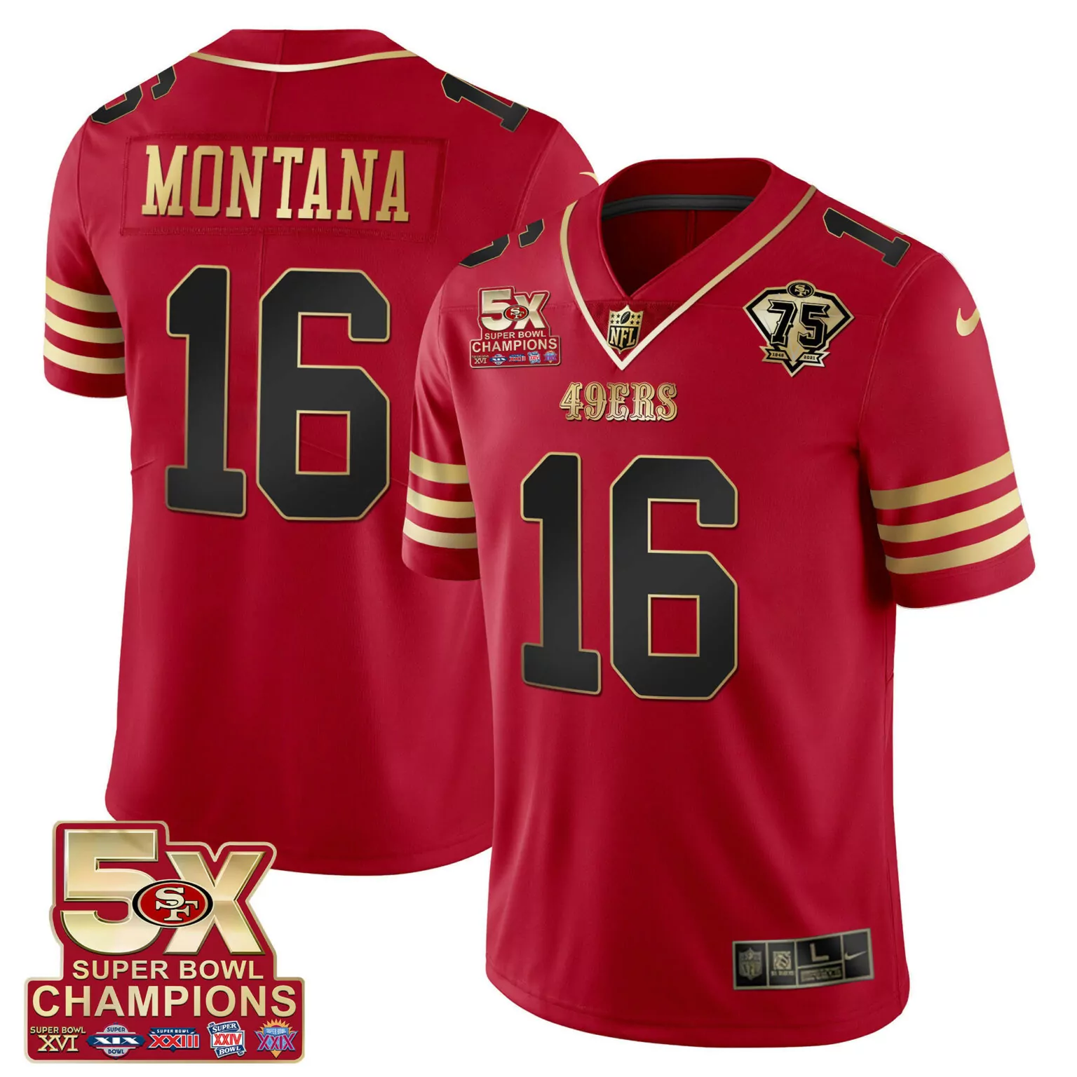 Joe Montana 16 49ERS Jersey Red 5x Super Bowl Champions 75th Anniversary Men Gold
