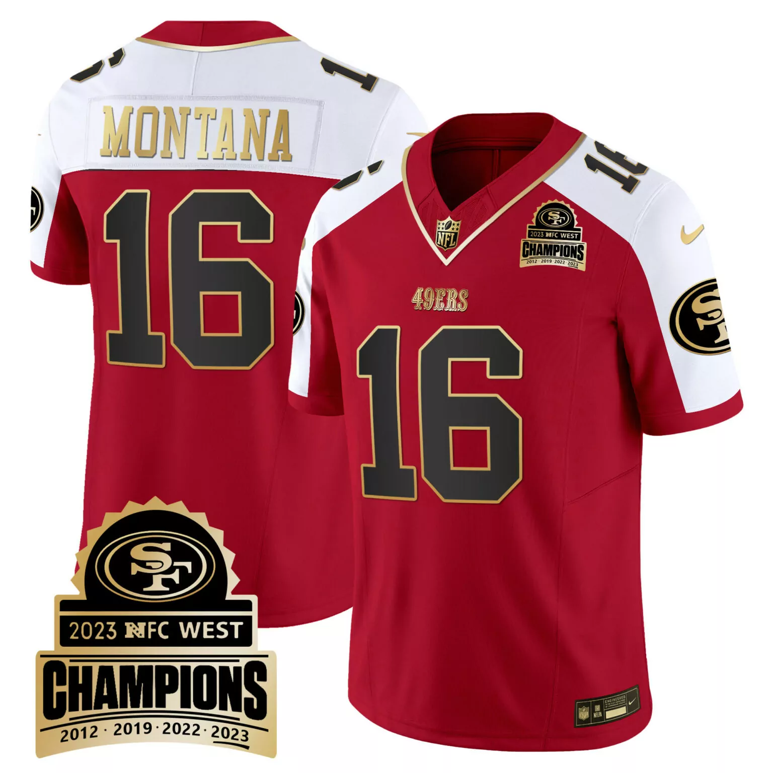 Joe Montana 16 49ERS Jersey Red 2023 NFC West Champions Men Player White Black Gold
