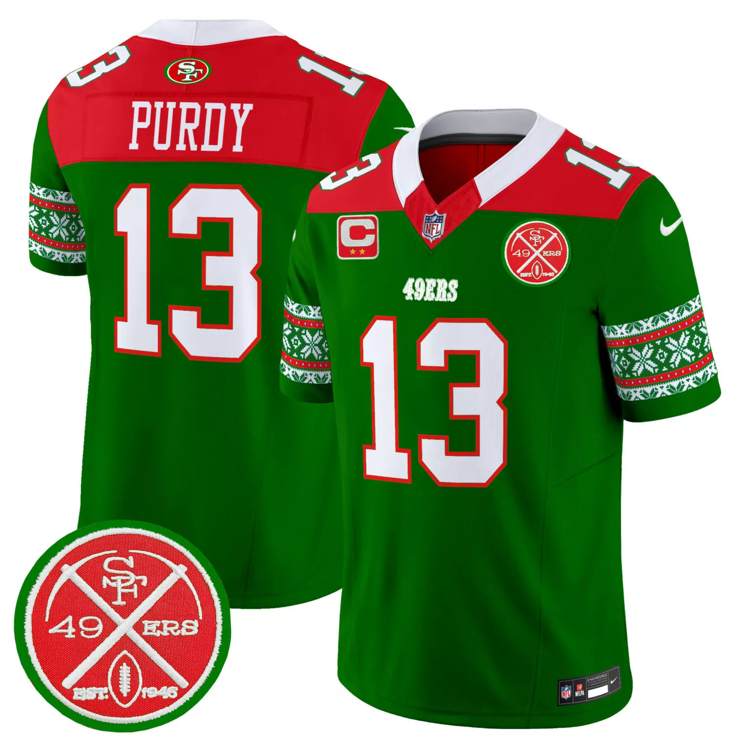 Brock Purdy 13 49ERS Jersey Green Holiday 1946 Men Standard Red White All Stitched