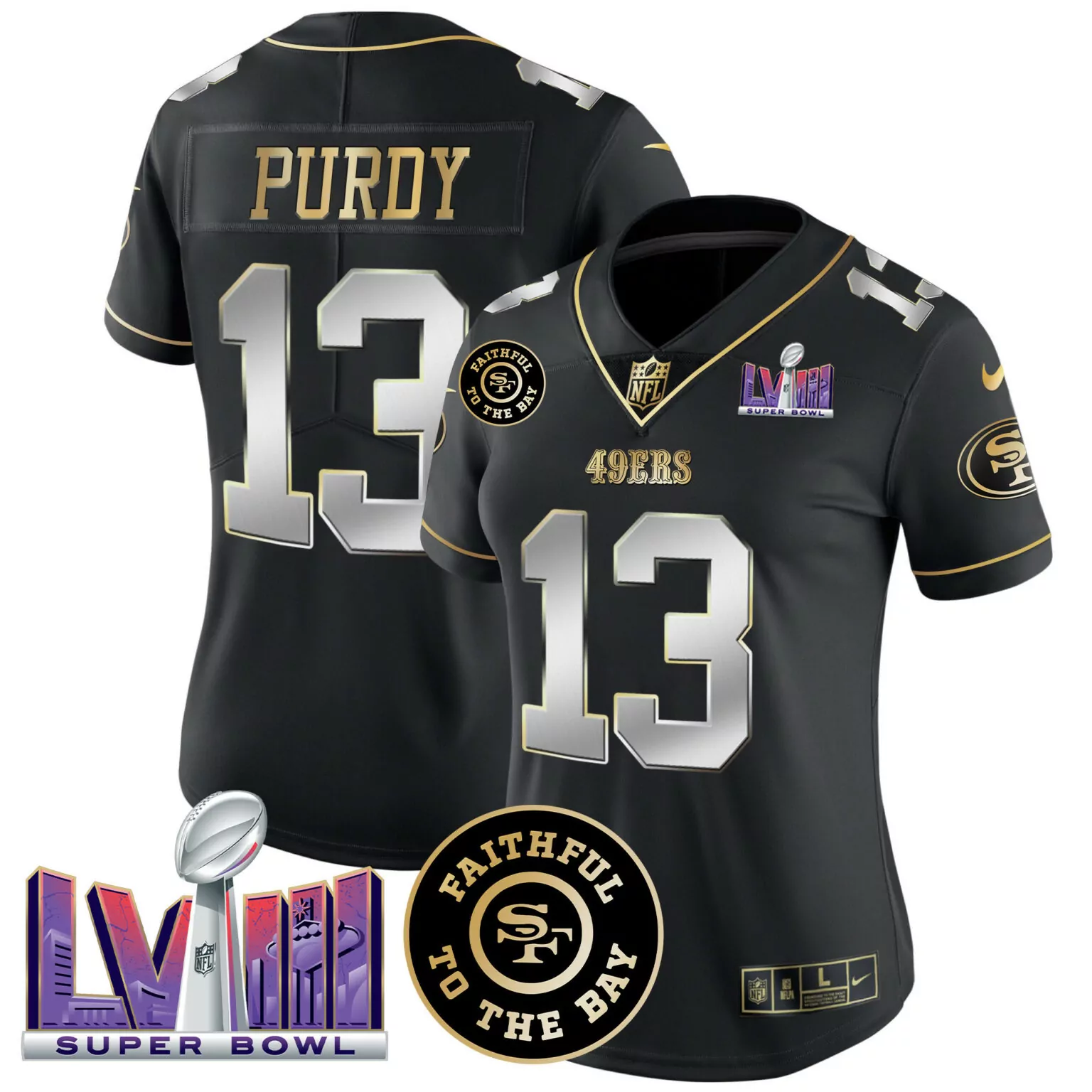 Brock Purdy 13 49ERS Jersey Black Super Bowl Lvii Women Standard Gold Silver All