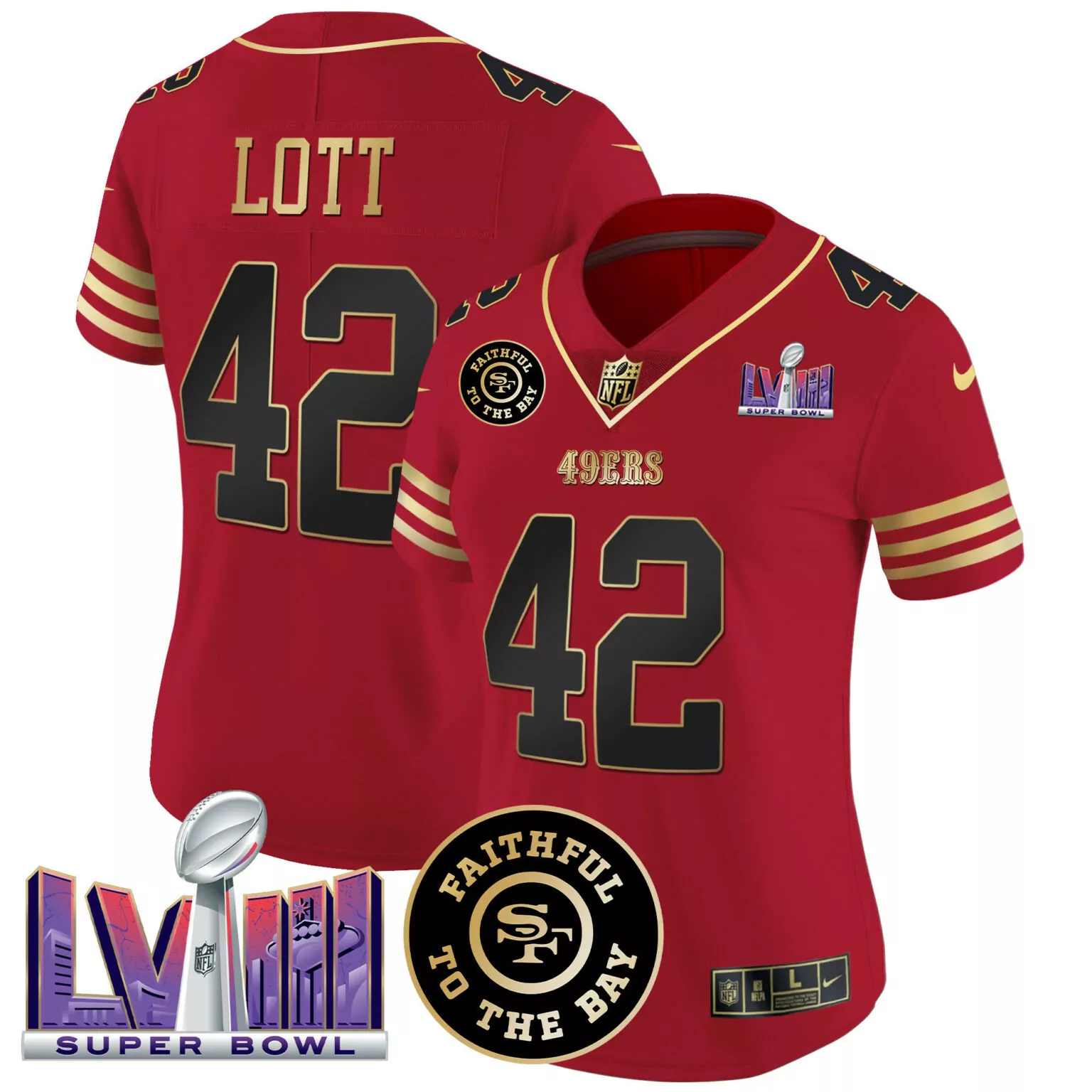 Ronnie Lott 42 49ERS Jersey Red Super Bowl Lv Men Gold All Stitched