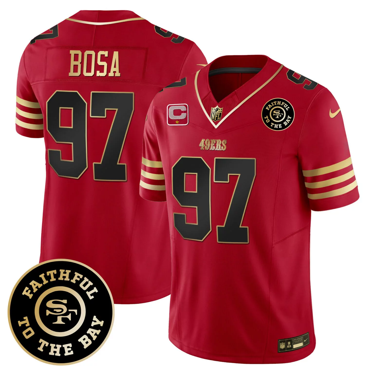 Nick Bosa 97 49ERS Jersey Red Faithful To The Bay Nflpa Men Gold Black v4 All Stitched