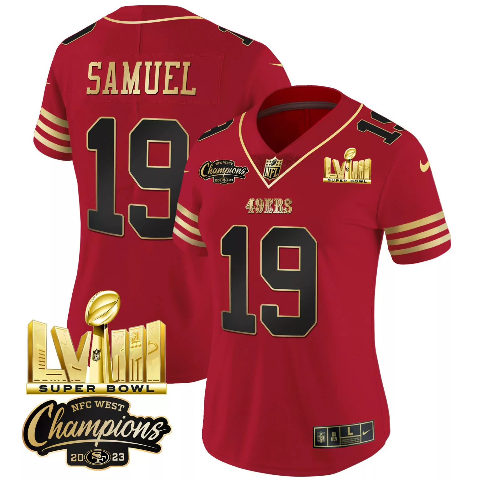 Deebo Samuel 19 49ERS Jersey Red Lv Super Bowl NFC West Champions 2023 Men Gold Black