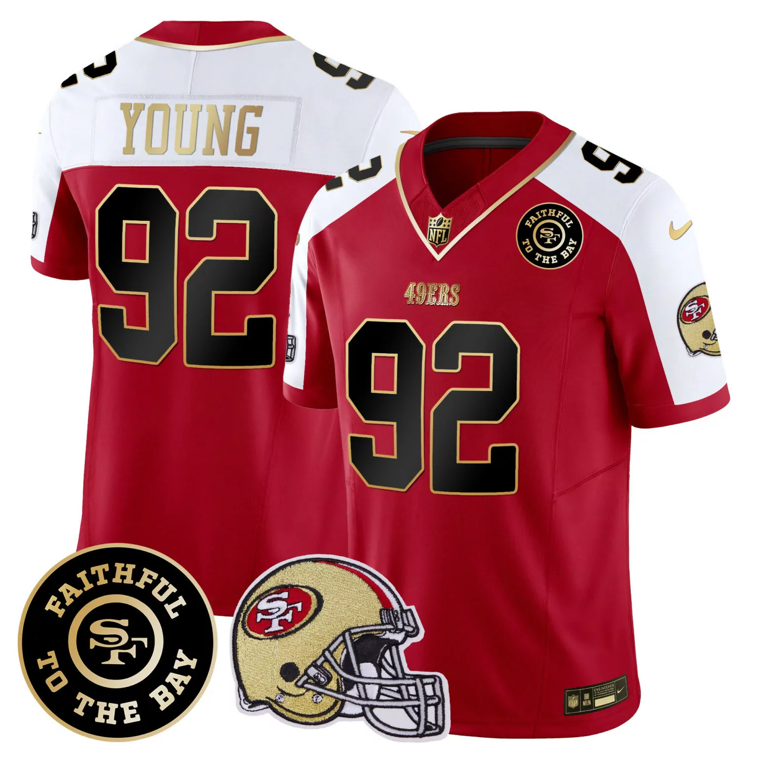 Chase Young 92 49ERS Jersey Red Faithful To Bay Helmet Men Standard White Gold Alternate
