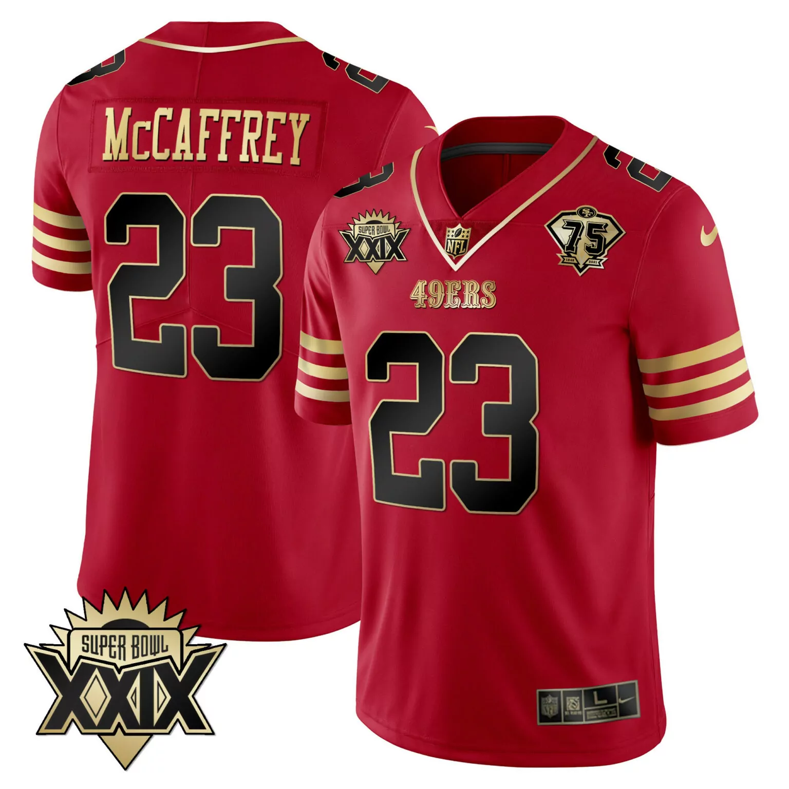 Christian Mccaffrey 23 49ERS Jersey Red 75th Anniversary Super Bowl Xxix Men Gold