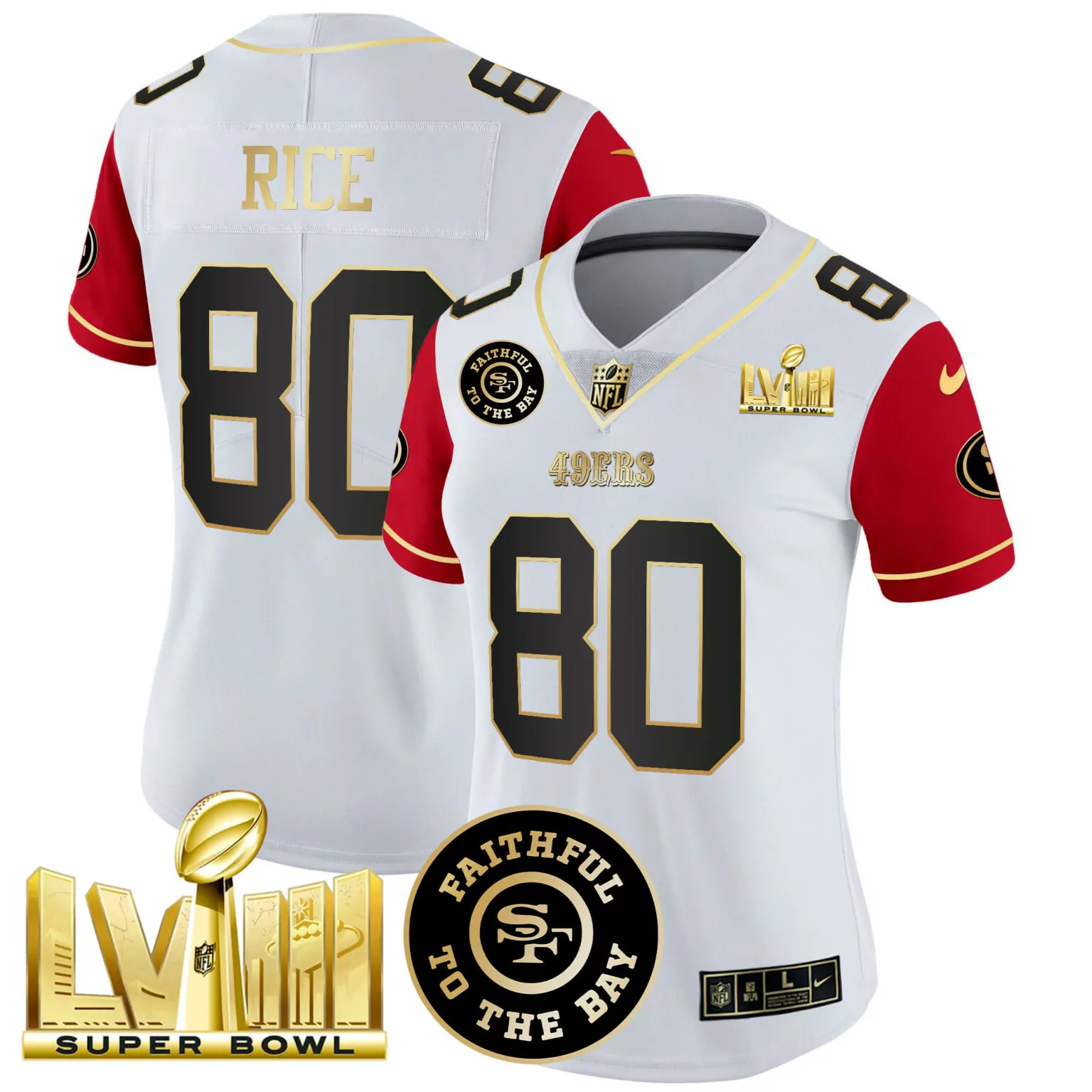 Jerry Rice 80 49ERS Jersey White Super Bowl Lviii Women Player Red Black v2 All Stitched