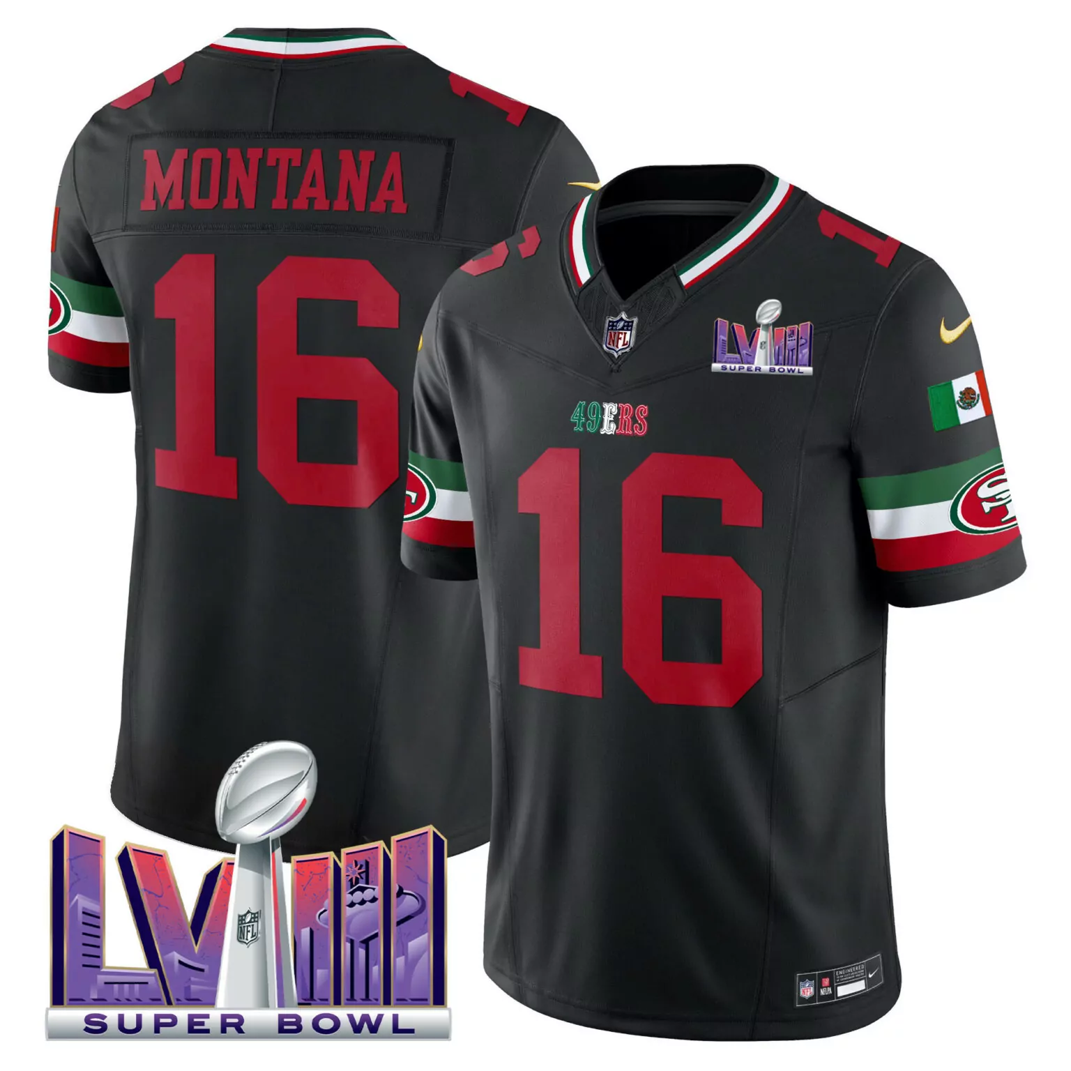 Joe Montana 16 49ERS Jersey Black Super Bowl Lviii Men Red White Green All Stitched