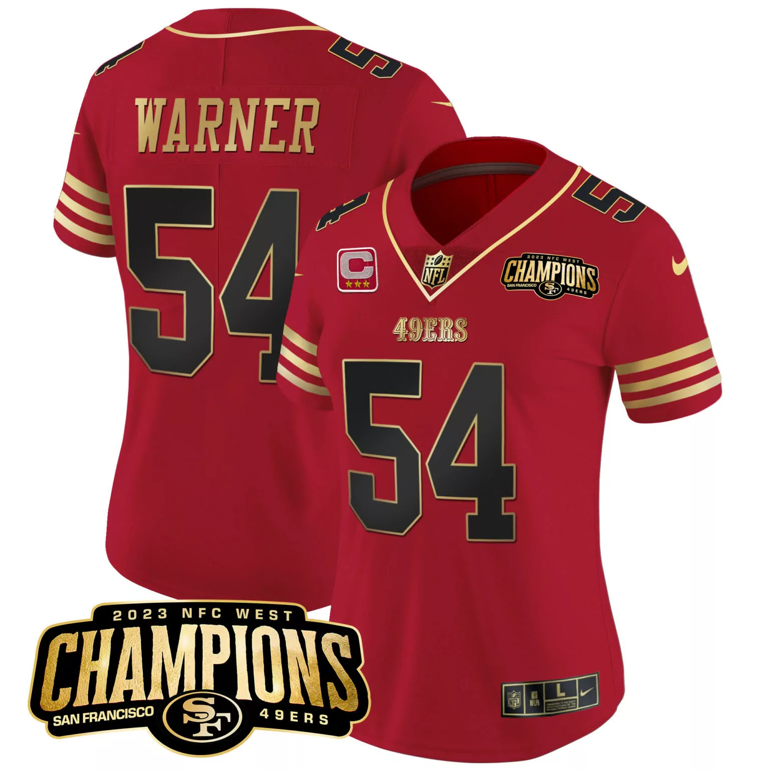 Fred Warner 54 49ERS Jersey Red 2023 NFC West Champions Men Replica Gold v2 All Stitched