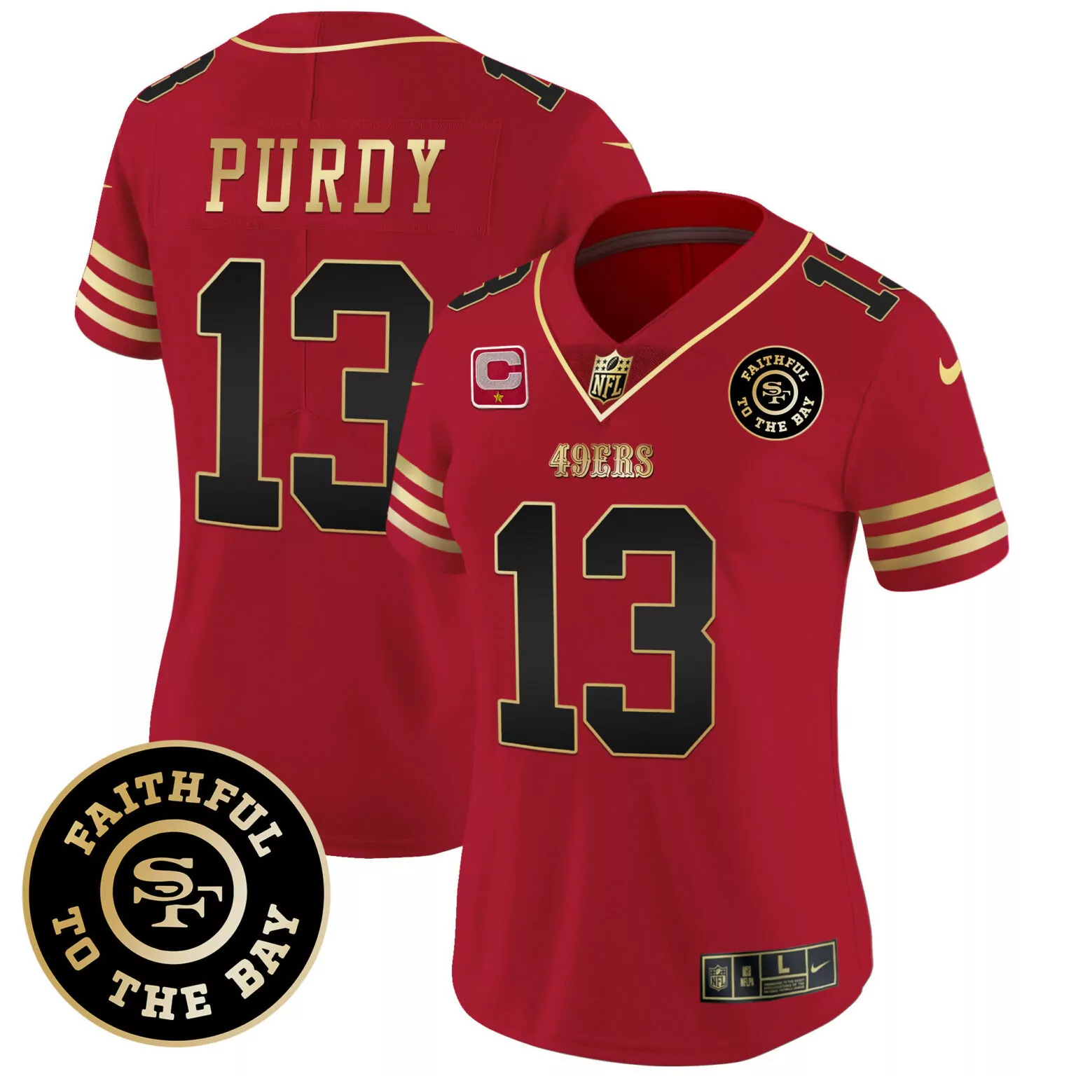 Brock Purdy 13 49ERS Jersey Red Faithful To The Bay Men Player Black Gold All Stitched