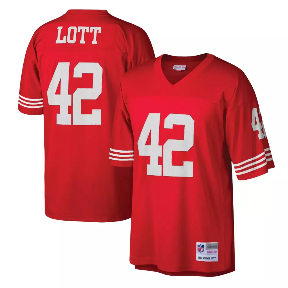 Ronnie Lott 42 Jersey Red 1990 San Francisco 49ers Mitchell Ness Men Replica White
