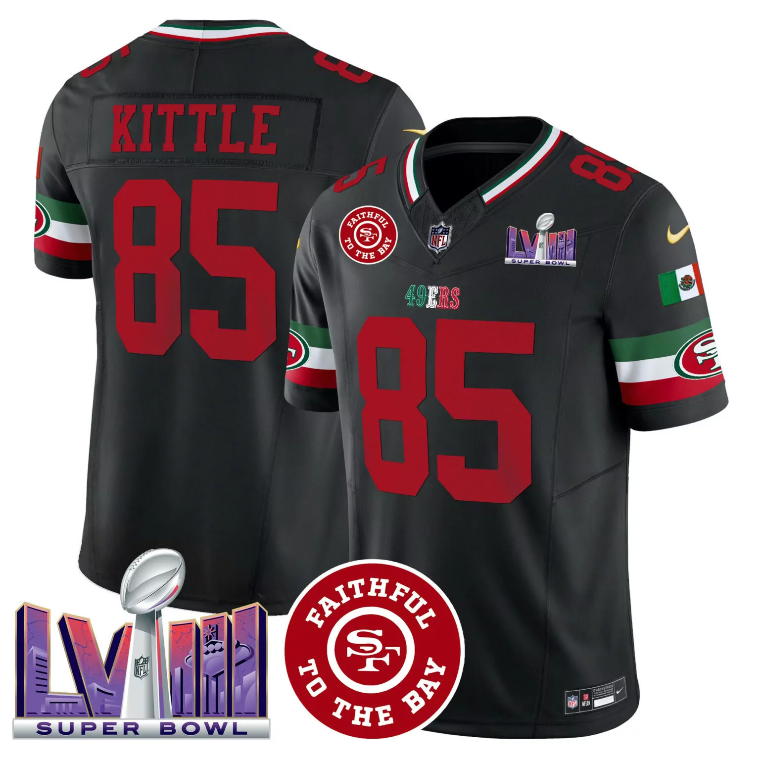 George Kittle 85 49ERS Jersey Black Super Bowl Lviii Mexico Flag 2023 Men Red White