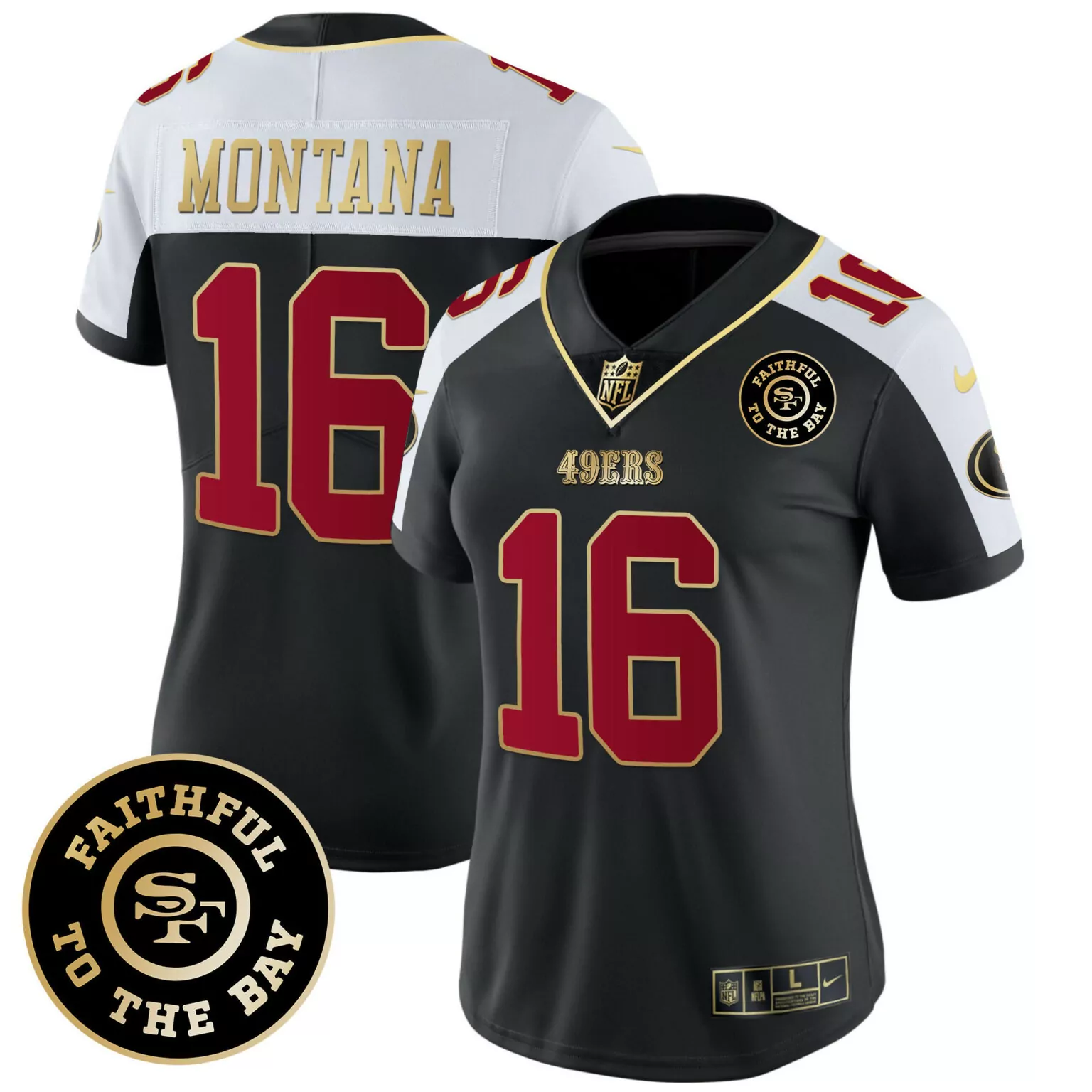 Joe Montana 16 49ERS Jersey Black Faithful To Bay Men Alternate White Red Gold All