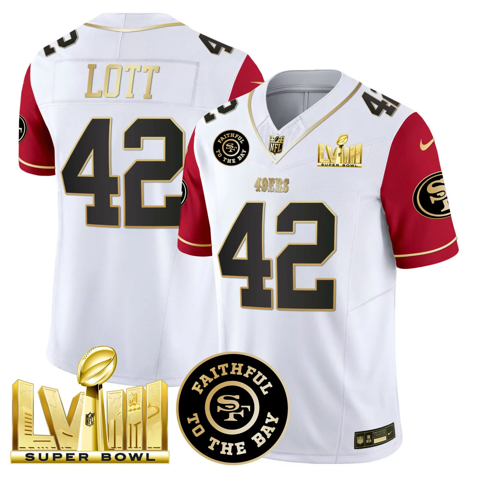 Ronnie Lott 42 49ERS Jersey White Super Bowl Lvi 2021 Men Player Red Gold Black v2